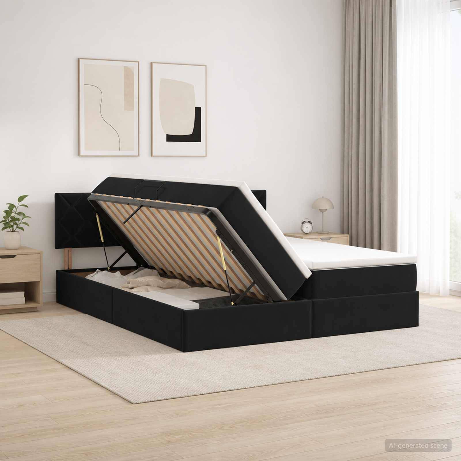 Schwarz gepolstertes Speicherbett mit hochgehobenem Matratze, das die Lattenrost und das Unter-Bett-Fach in einem hellen, modernen Schlafzimmer zeigt.