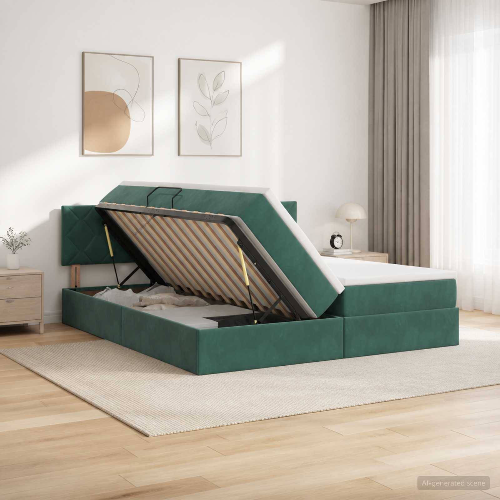 Grünes Polsterbett mit Hubmechanismus-Aufbewahrungsbasis offen, um die lamellierte Matratzenunterstützung in einem hellen, minimalistischen Schlafzimmer zu zeigen.