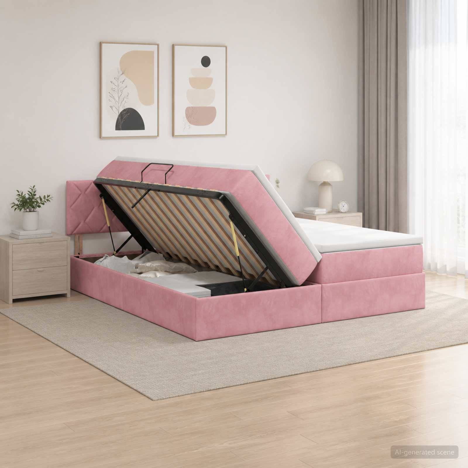 Bett mit rosa Polsterung und Hubstützrahmen mit offener Basis, das den internen Stauraum in einem minimalistischen Schlafzimmer zeigt.
