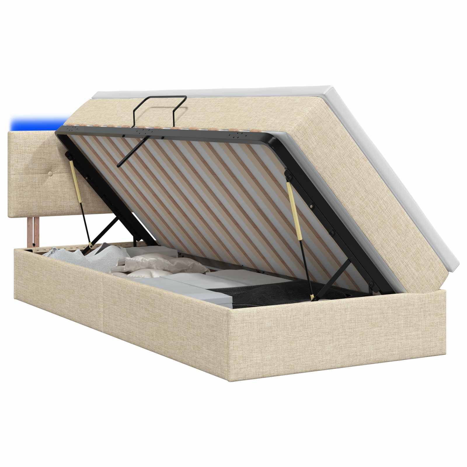 Beigefarbenes Polsterbett mit Hubbettfunktion, Matratzenplattform hochgeklappt, die den Stauraum unter dem Bett freilegt.