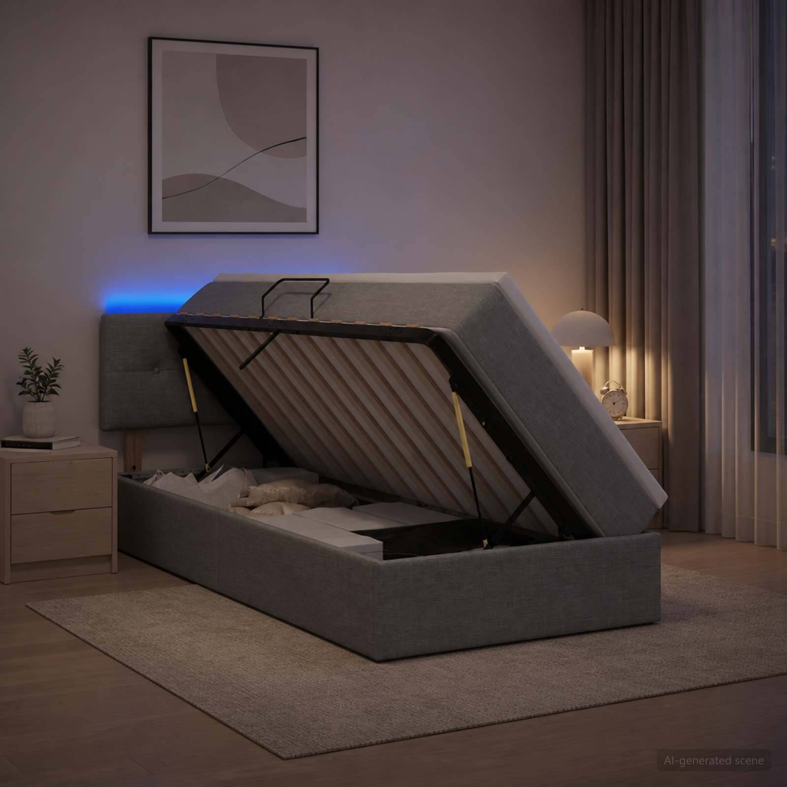 Modernes Schlafzimmer mit einem grauen Speicherbett, das durch einen Gasfeder-Heizmechanismus hochgehoben ist und die Matratzenunterlage enthüllt; Lampe, Nachttisch und gerahmte Kunst im Hintergrund.