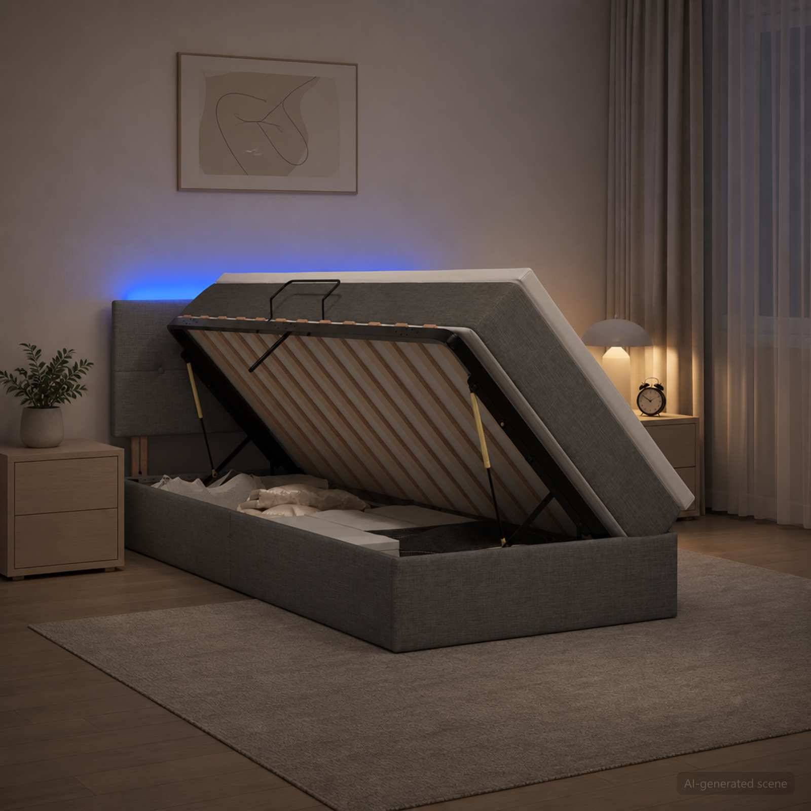 Modernes Schlafzimmer mit einem grau gepolsterten Speicherbett, das durch hydraulische Scharniere hochgeklappt ist und die Matratzenunterlage sowie den Stauraum offenbart, mit sanfter Umgebungsbeleuchtung.