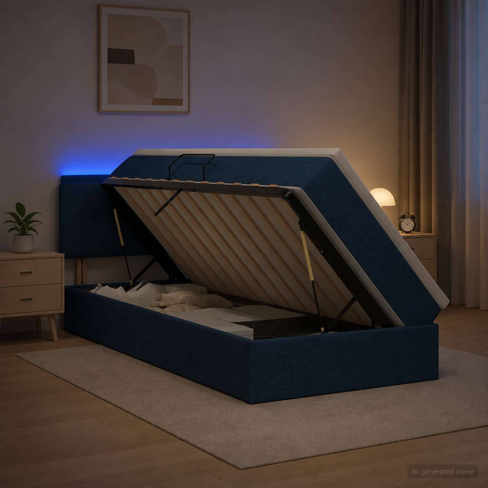 Modernes blau gepolstertes Bett mit Hubmechanismus in einem sanft beleuchteten Schlafzimmer, bei dem die Matratzenunterlage geöffnet ist, um den Stauraum unter dem Bett zu zeigen.