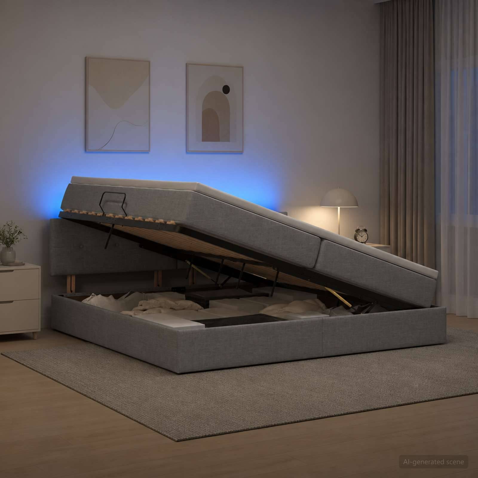Grau gepolstertes Speicherbett mit Matratze, die auf Gasfedern angehoben ist und das Unter-Bett-Fach in einem modernen Schlafzimmer zeigt.