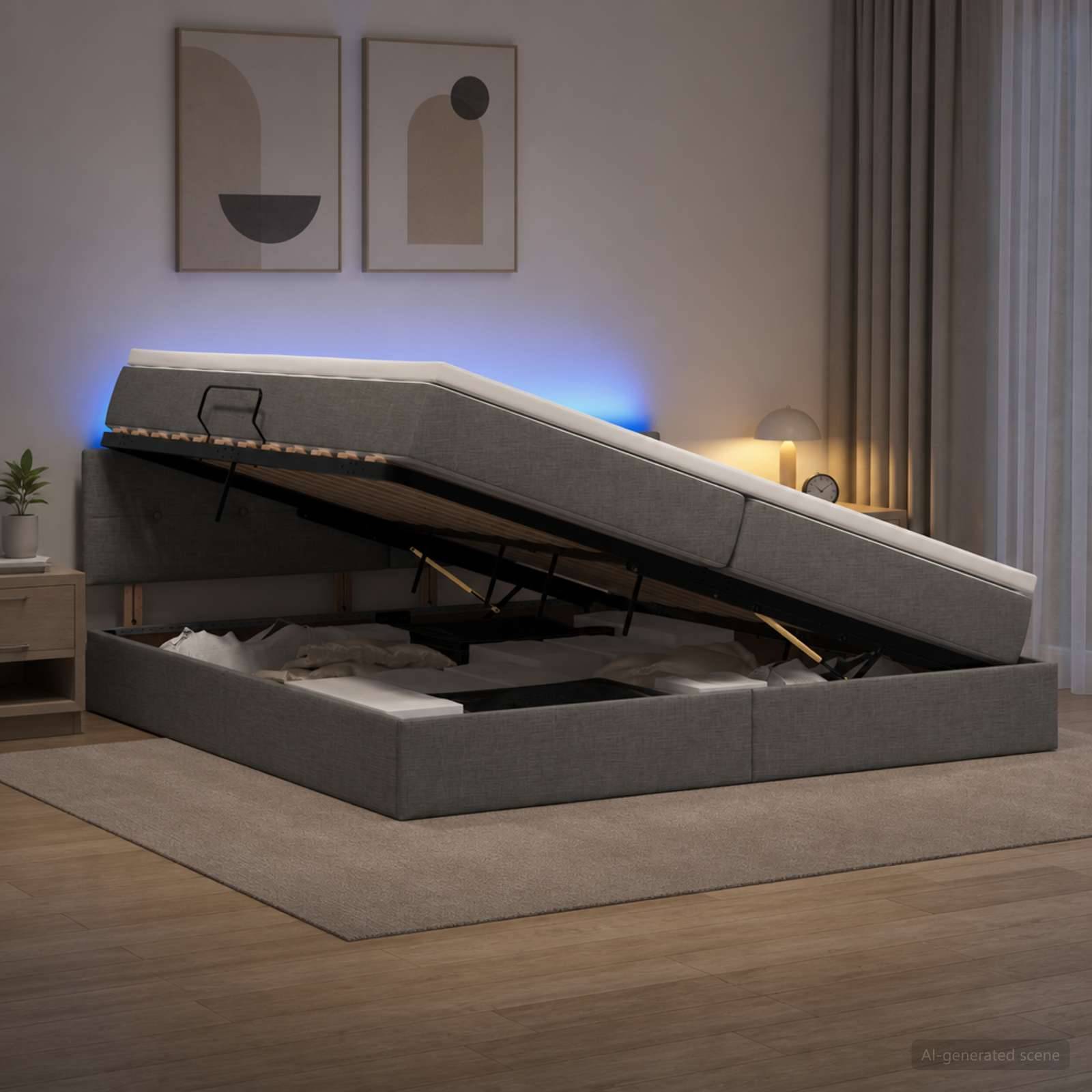 Modernes gepolstertes Bett mit Gasstoßdämpfer-Rahmen, bei dem die Matratze angehoben ist und das Stauraum-Fach unter dem Bett in einem Schlafzimmer sichtbar ist.