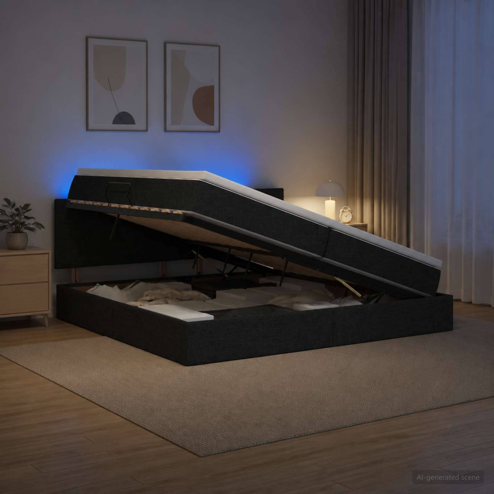 Ein modernes Bett mit angehobener Matratze auf einer Speicherplattform, die das Unter-Bett-Fach in einem sanft beleuchteten Schlafzimmer enthüllt.