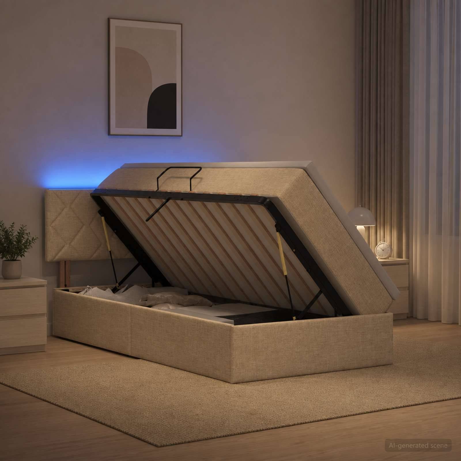 Beiges gepolstertes Speicherbett mit angehobener Matratzenunterlage, das Stauraum unter dem Bett in einem modernen Schlafzimmer offenbart.
