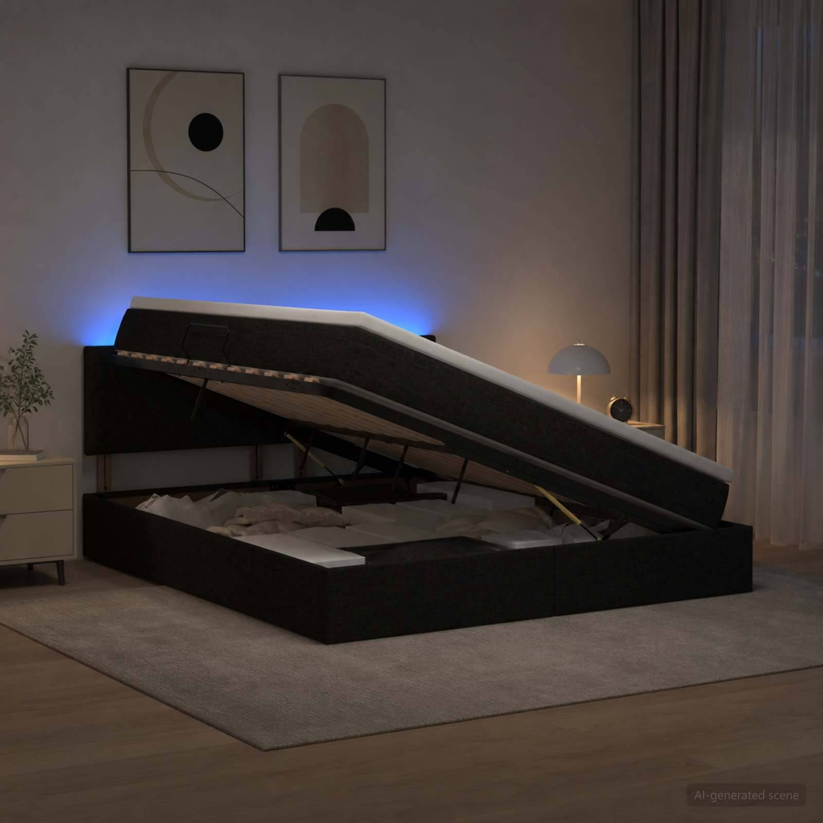 Ein modernes Speicherbett mit der gehobenen Matratze, die das Unter-Bett-Fach in einem sanft beleuchteten Schlafzimmer zeigt.