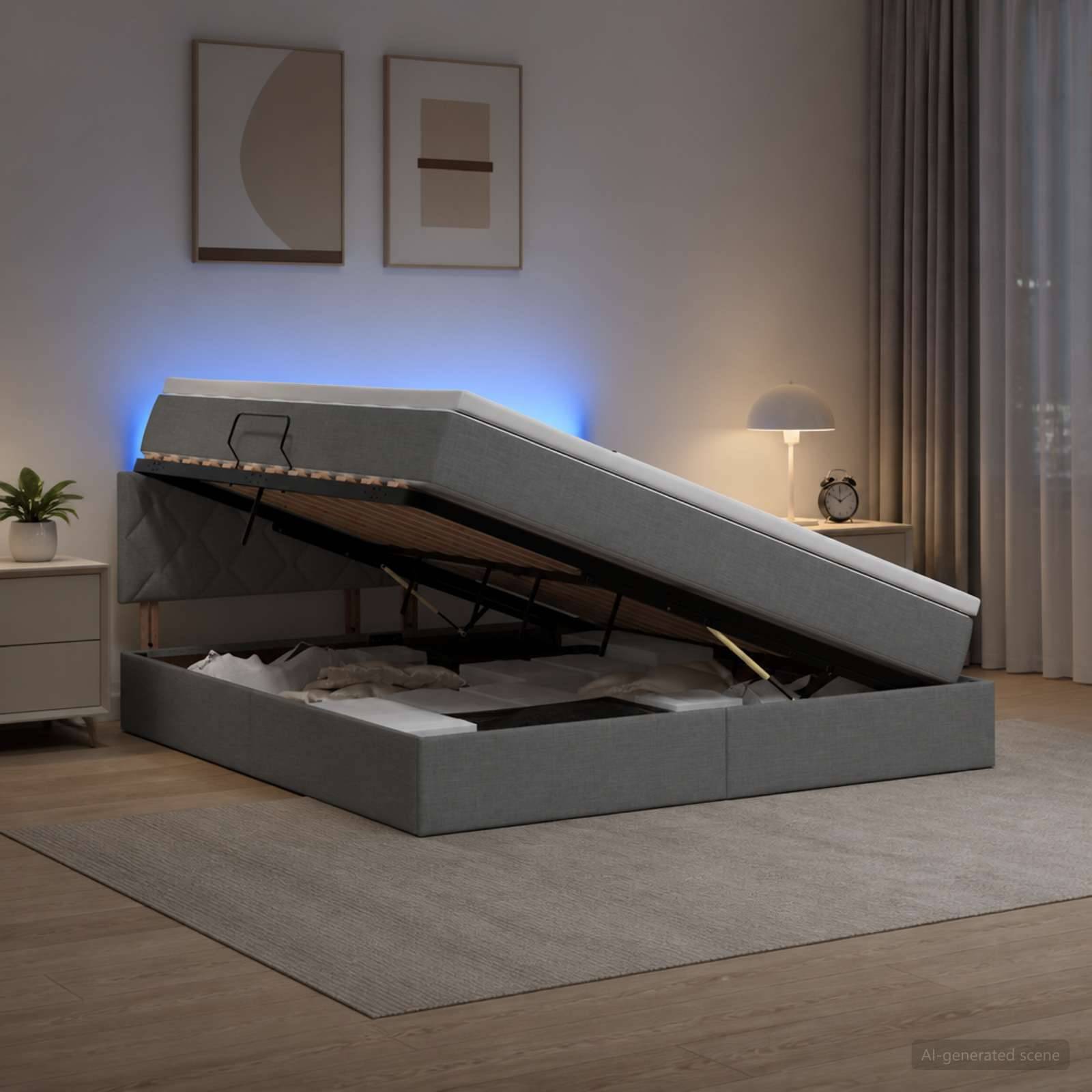 Modernes, grau gepolstertes Speicherbett auf einem Schlafzimmerteppich aufgeklappt, das das Unterbett-Fach offenbart und von blauer Umgebungsbeleuchtung beleuchtet wird.