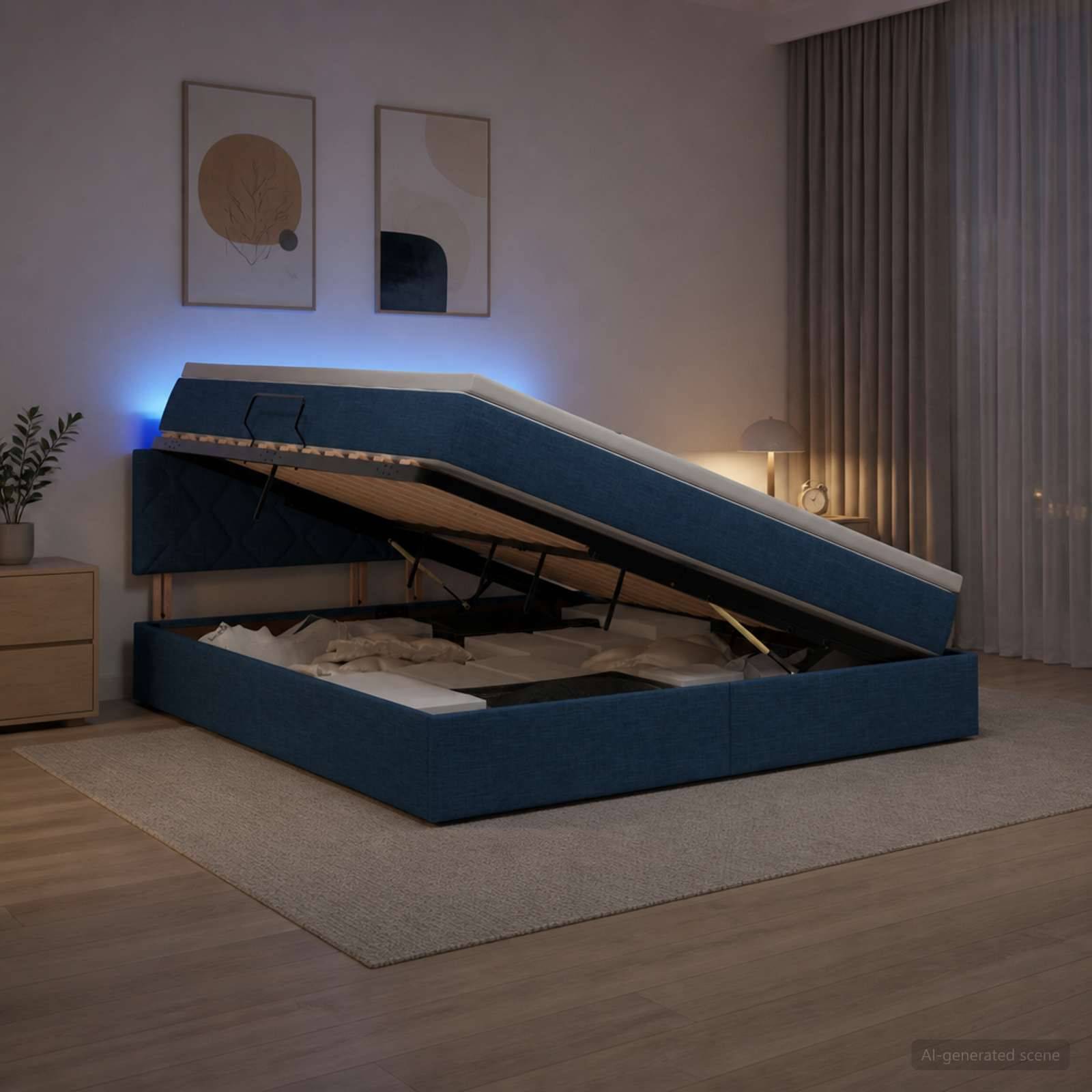 Blau gepolstertes Speicherbett mit aufgeklappter Matratzenunterkonstruktion, das das Unter-Bett-Lagerfach in einem modernen Schlafzimmer zeigt.