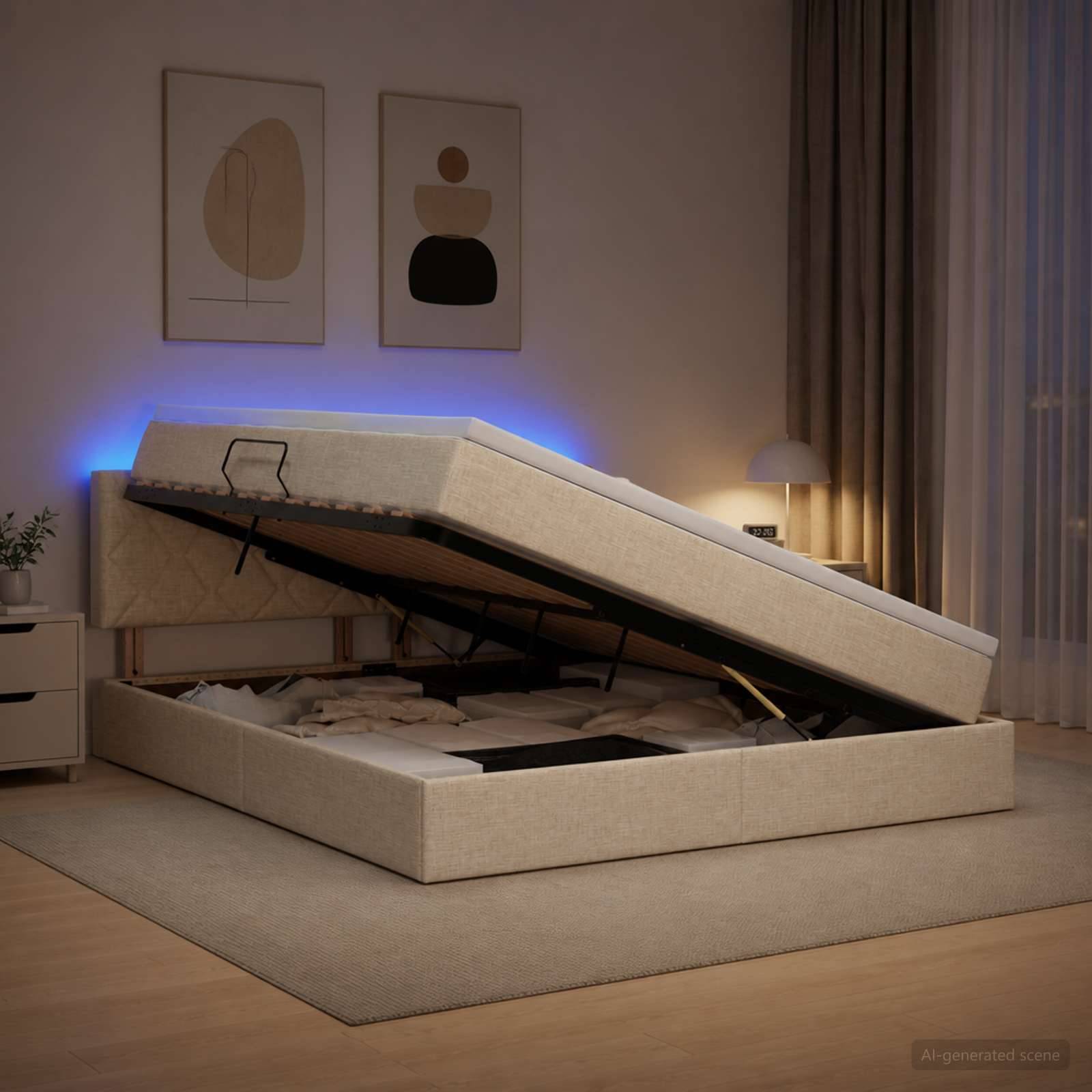Gepolstertes Bett mit Speicherhebemechanismus angehoben, das die Matratzenunterlage und das Fach in einem modernen Schlafzimmer zeigt.