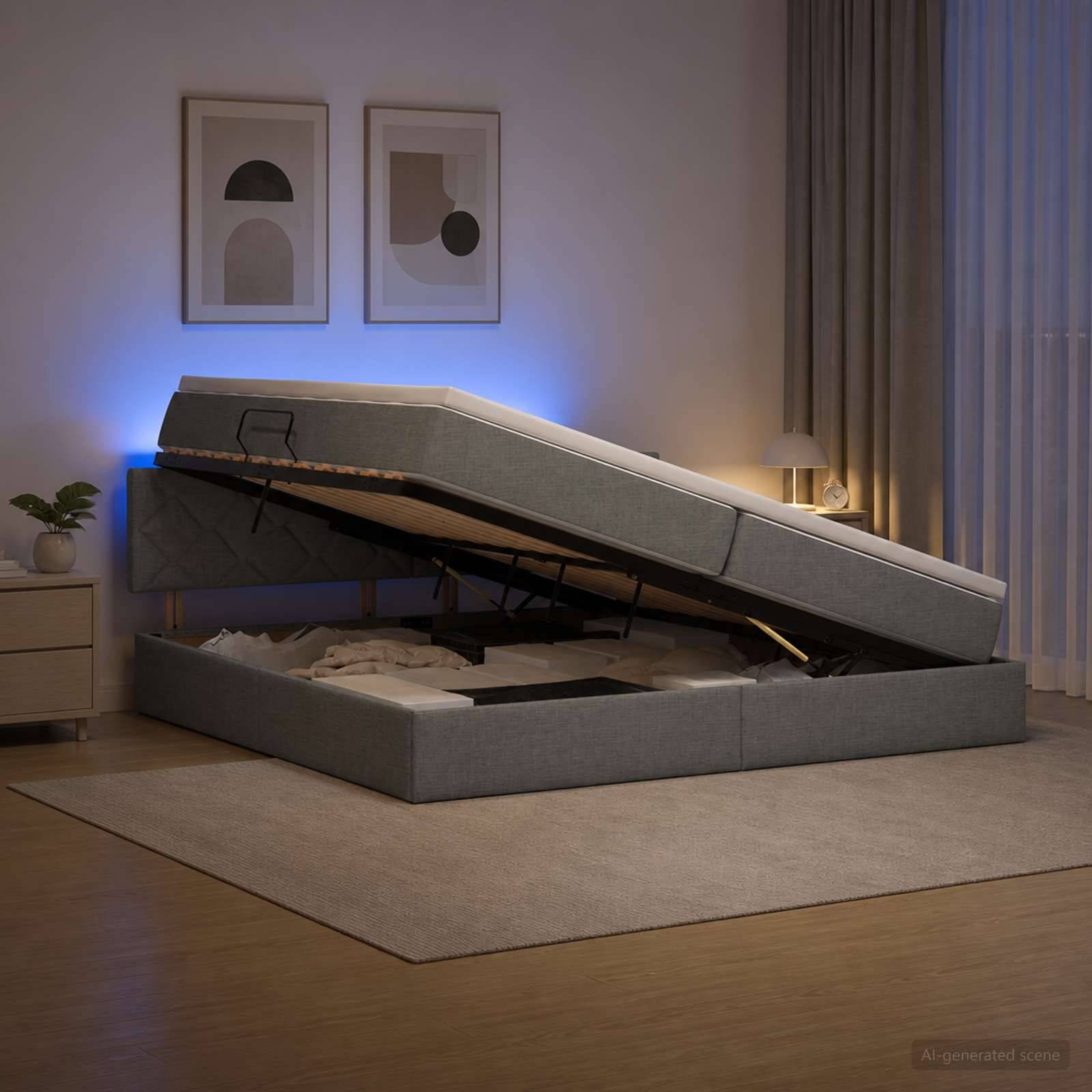 Ein grau gepolstertes Bettgestell wird geöffnet und zeigt darunter Stauraum und Bettwäsche in einem sanft beleuchteten modernen Schlafzimmer.