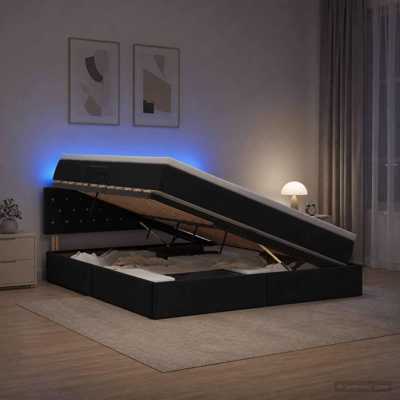 Modernes schwarzes Speicherbett mit aufgeklappter Matratze, die die Bettunterlage zeigt, dargestellt in einem sanft beleuchteten Schlafzimmer mit Lampe und Wandkunst.