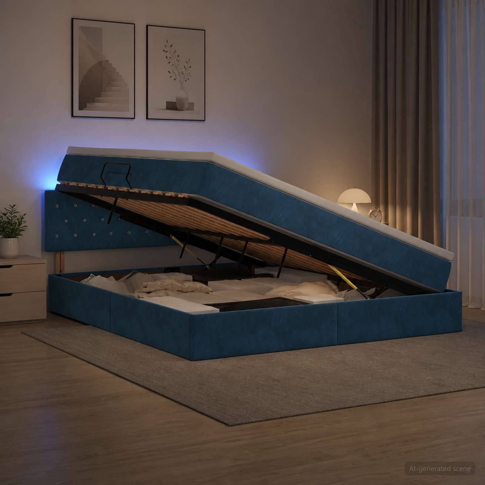 Blaugepolstertes Bett mit Hubmechanismus und offnenem Stauraum in einem sanft beleuchteten Schlafzimmer, das die Matratzenunterlage und den Stauraum unter dem Bett zeigt.