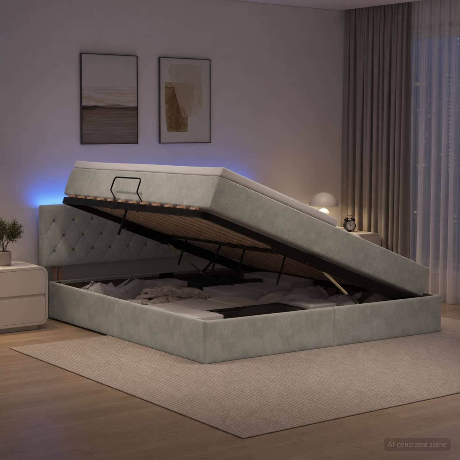Modernes gepolstertes Bett mit offenem Stauraum-Unterbau, zeigt die klappbare Matratzenplattform und das Unter-Bett-Fach in einem Schlafzimmer.