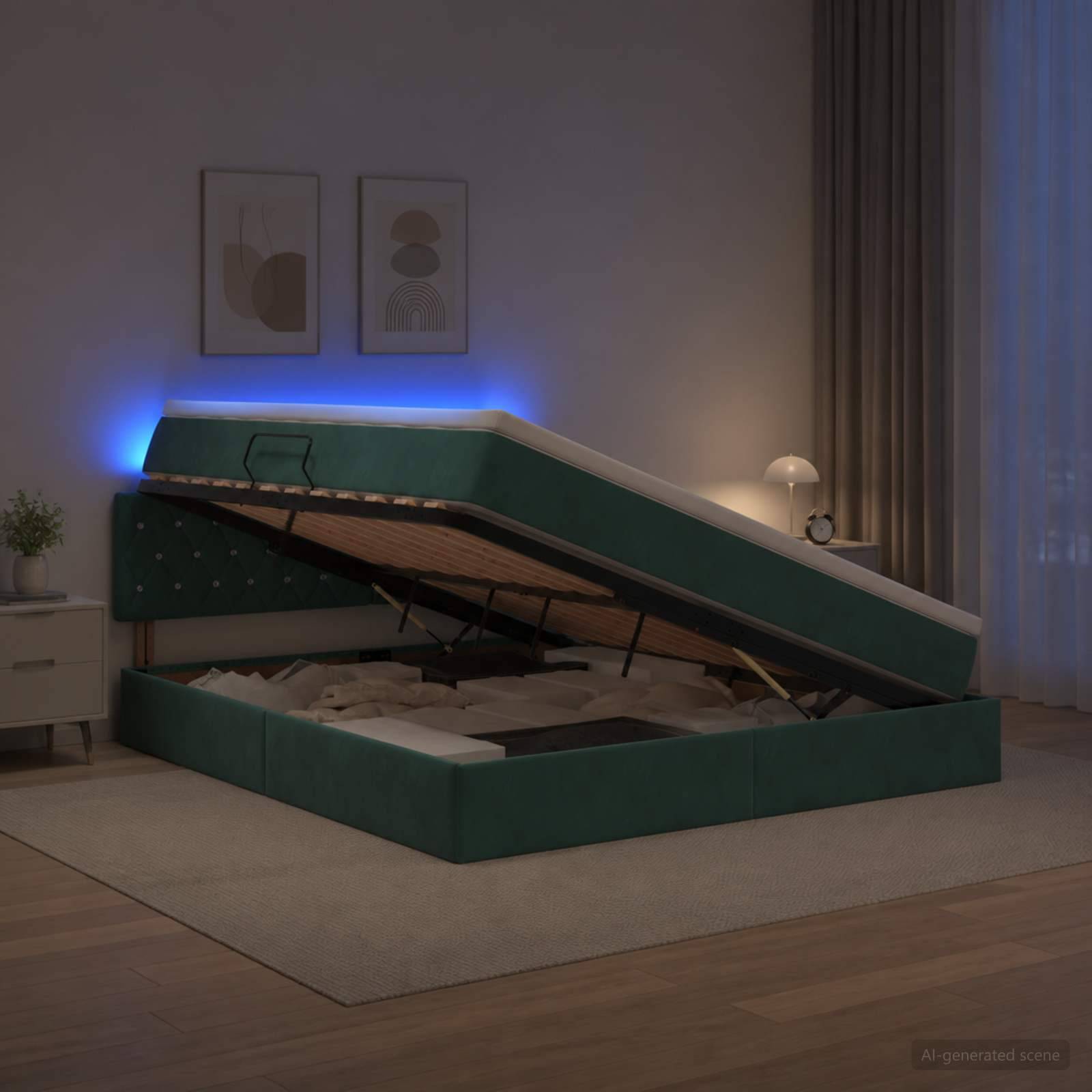 Grünes gepolstertes Funktionsbett mit Stauraum offen in einem sanft beleuchteten Schlafzimmer, das die Matratzenunterlage und den Stauraum darunter mit blauer Hintergrundbeleuchtung zeigt.