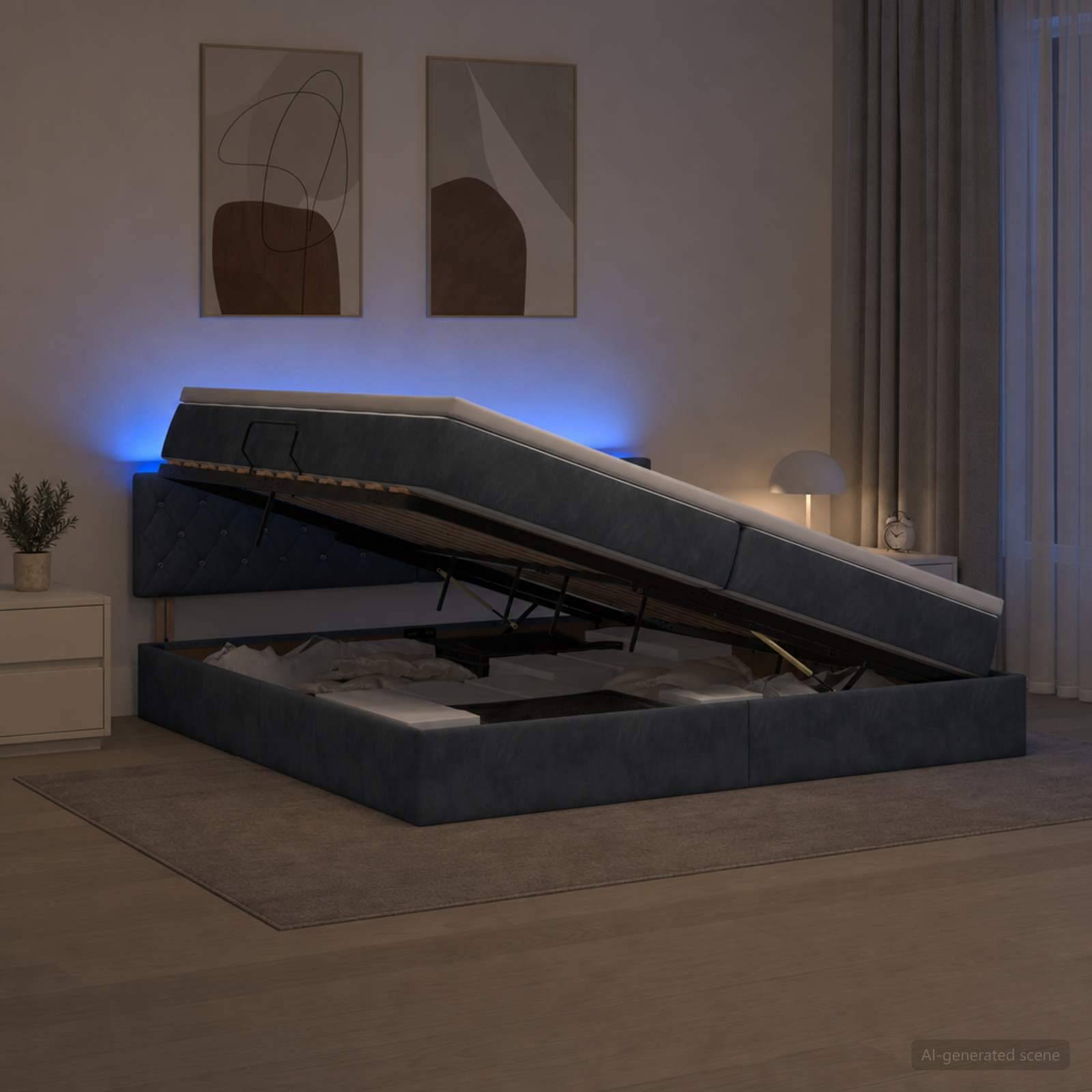Modernes Schlafzimmer mit einem grau gepolsterten Ottomane-Bett, das hochgeklappt ist und den darunter liegenden Stauraum zeigt, mit blauer Akzentbeleuchtung hinter dem Kopfteil.