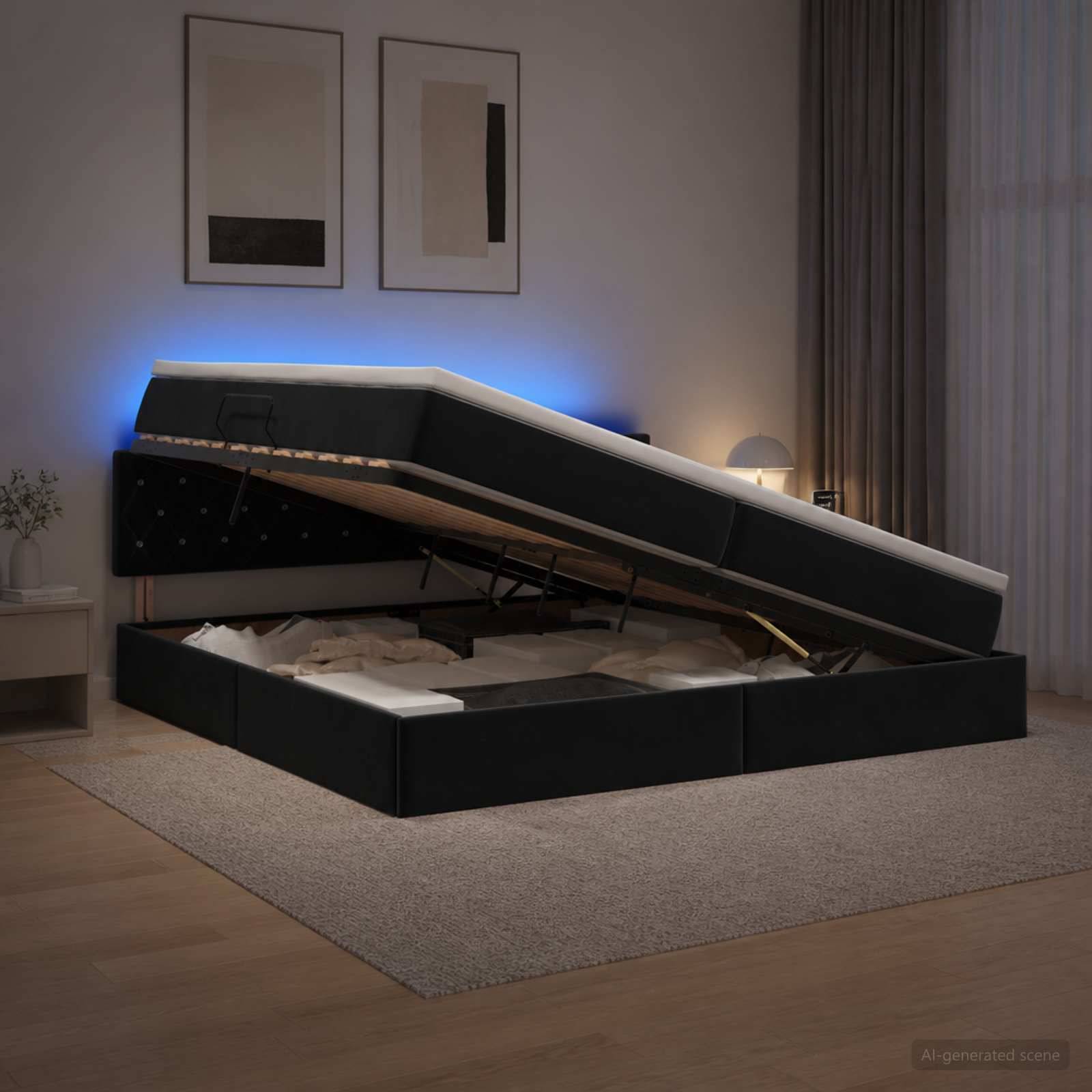 Modernes gepolstertes Bett mit angehobener Matratze auf einer Gasfeder-Stauraumbasis, die den Stauraum unter dem Bett in einem dunkel beleuchteten Schlafzimmer mit blauer Hintergrundbeleuchtung zeigt.