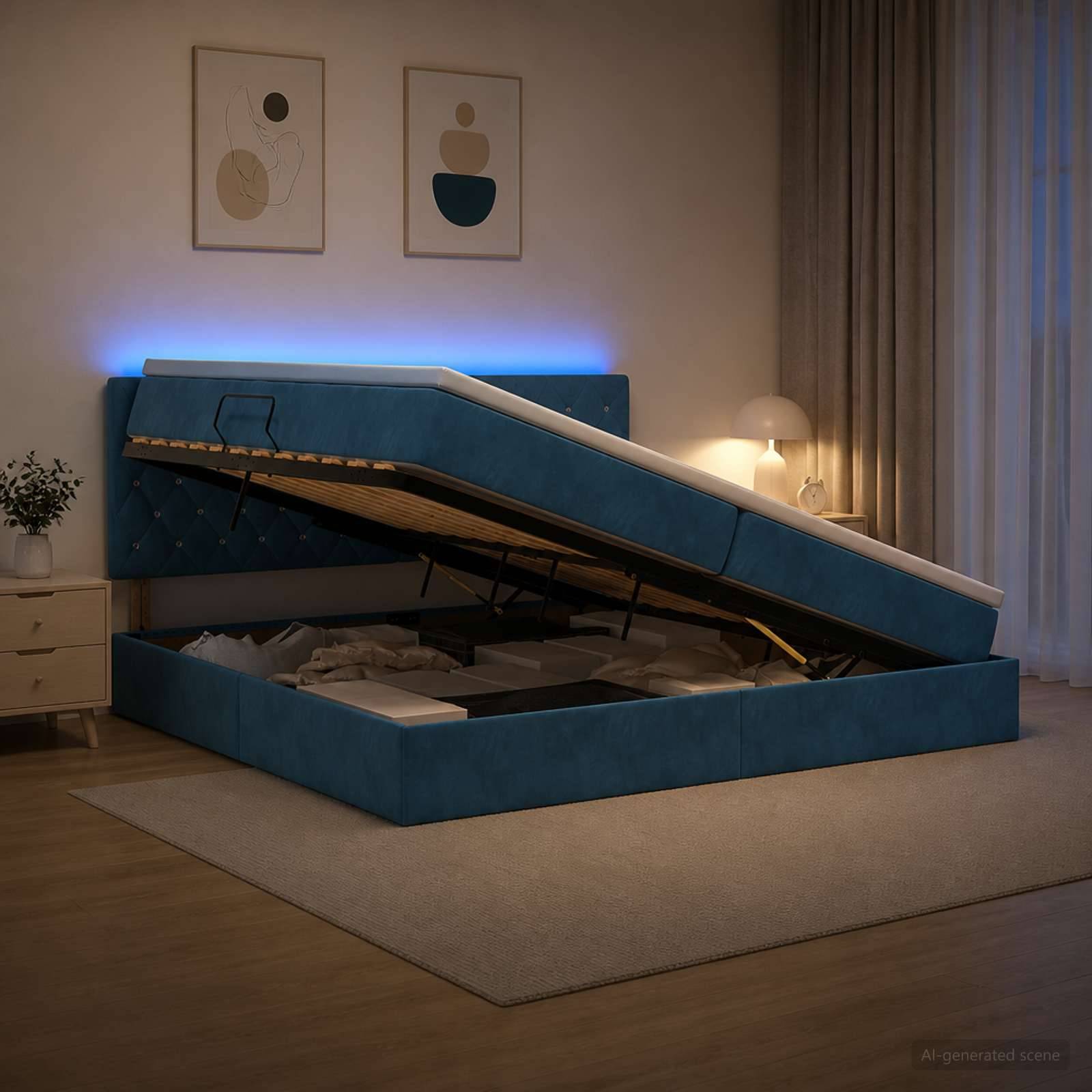 Blaugepolstertes Ottomane-Bett mit Stauraum, das in einem gemütlichen Schlafzimmer aufgeklappt ist und die Matratzenunterlage sowie das Unter-Bett-Fach zeigt.