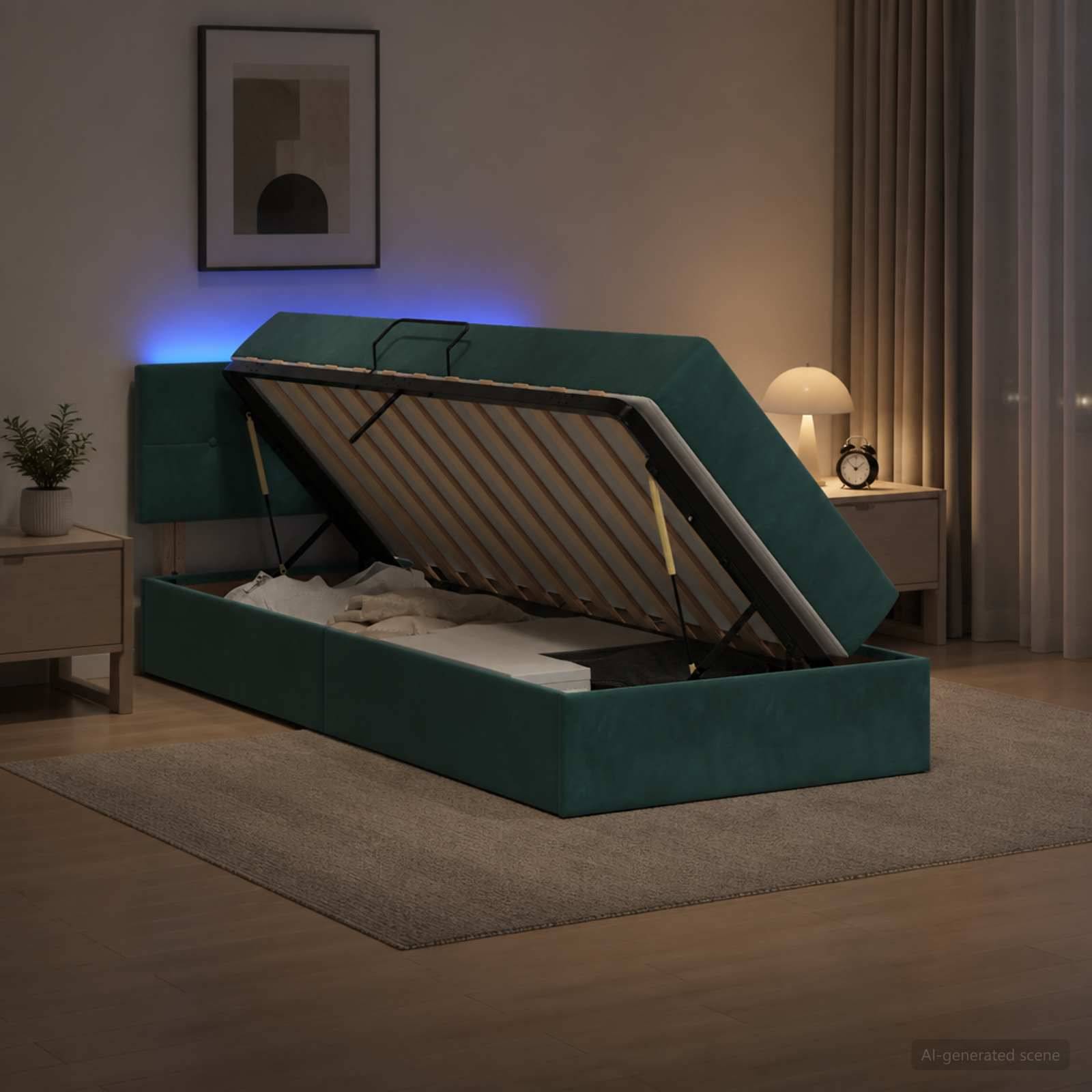 Grünes gepolstertes Bett mit Hebbettfunktion und Stauraum, mit erhobener Matratze, um den Stauraum unter dem Bett in einem modernen Schlafzimmer zu zeigen