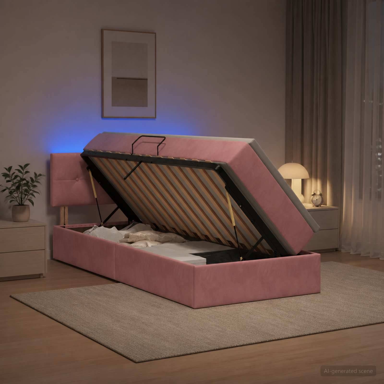 Rosafarbenes gepolstertes Speicherbett in einem Schlafzimmer, gezeigt mit angehobener Matratze, um die Lattenbasis und den Stauraum unter dem Bett offenzulegen.