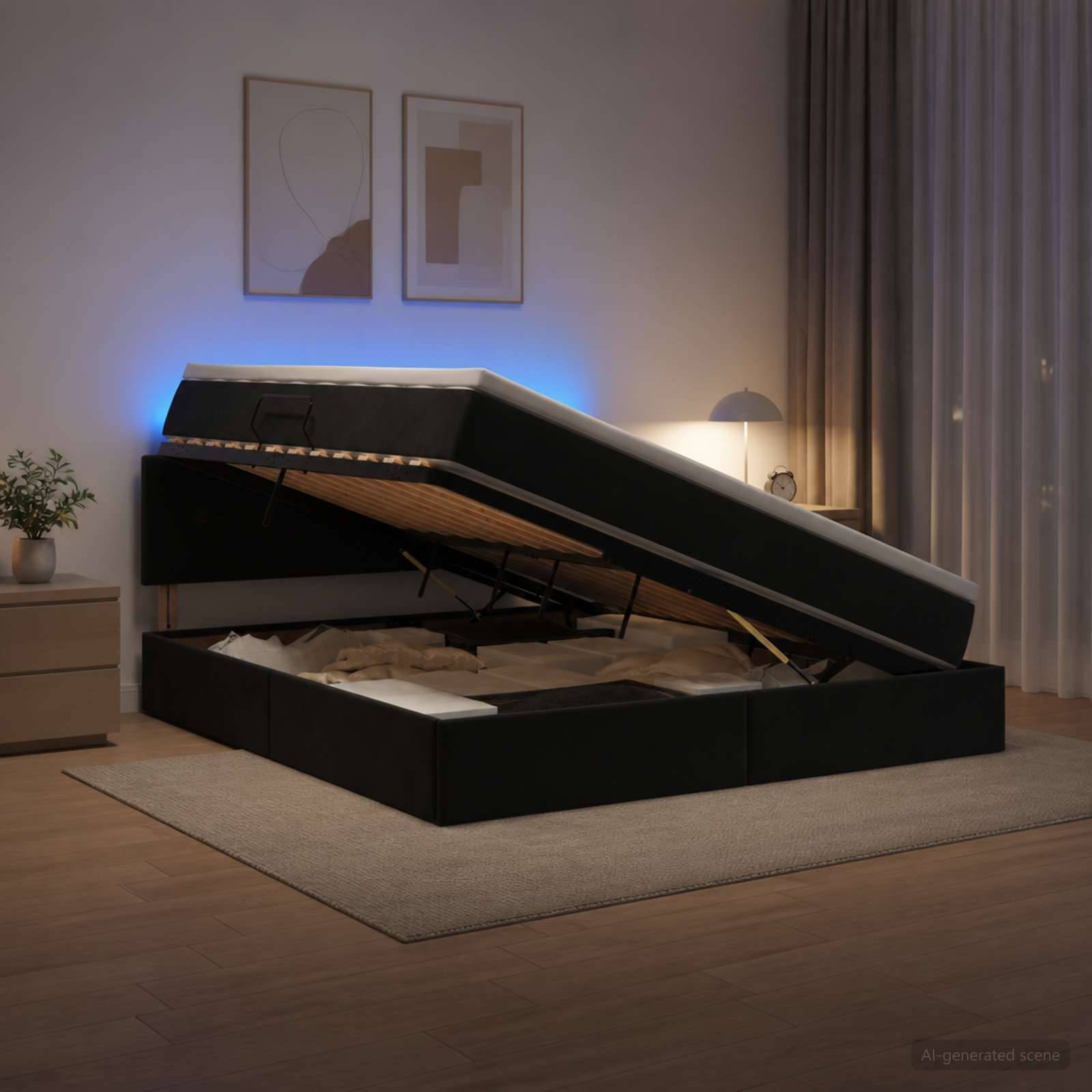 Modernes schwarzes Bett mit Gasfedern-Hebesystem in einem sanft beleuchteten Schlafzimmer, angehoben, um das Stauraum-Fach unter dem Bett und den Tragrahmen freizulegen.