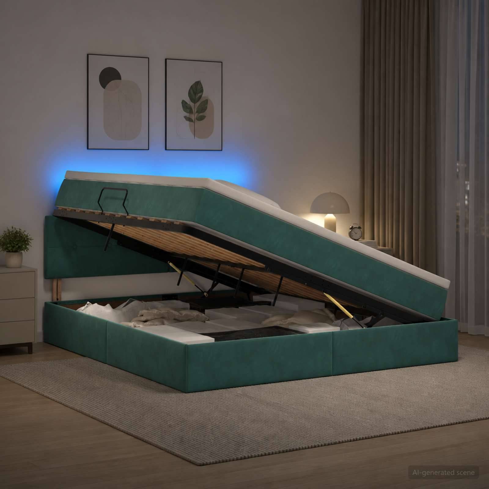 Grünes Polster-Stauraum-Bett mit aufklappbarem Matratzenrahmen in einem modernen Schlafzimmer, das das Stauraum-Fach unter dem Bett zeigt.