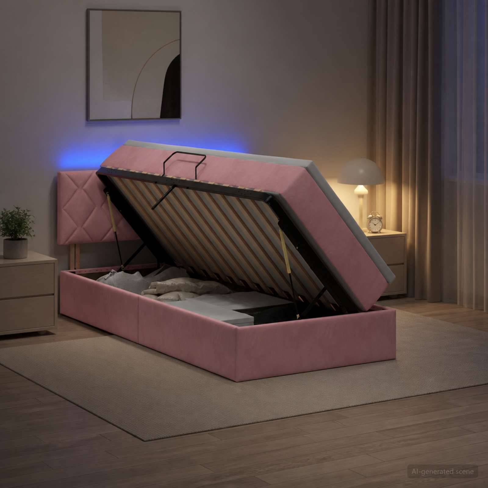 Rosafarbenes gepolstertes Bett mit Hubmechanismus, geöffnet um die Lattenrostbasis unter der Matratze freizulegen, in einem modernen Schlafzimmer mit Nachttischen und Lampe.