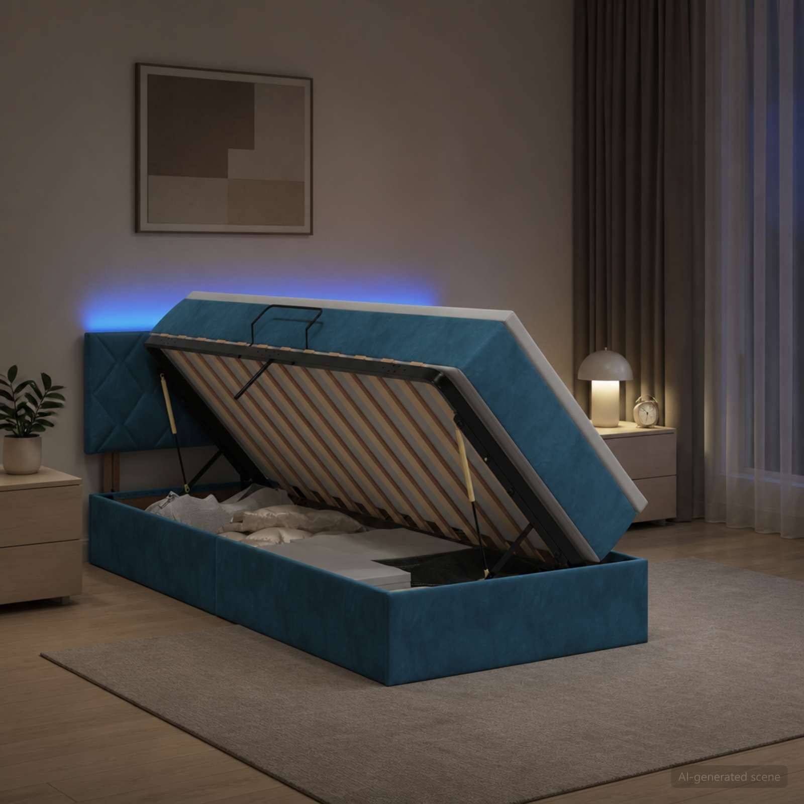 Blau gepolstertes Ottomanbett mit angehobener Matratze auf einem Speichermechanismus, der verborgene Stauraum unter dem Bett in einem modernen Schlafzimmer zeigt.