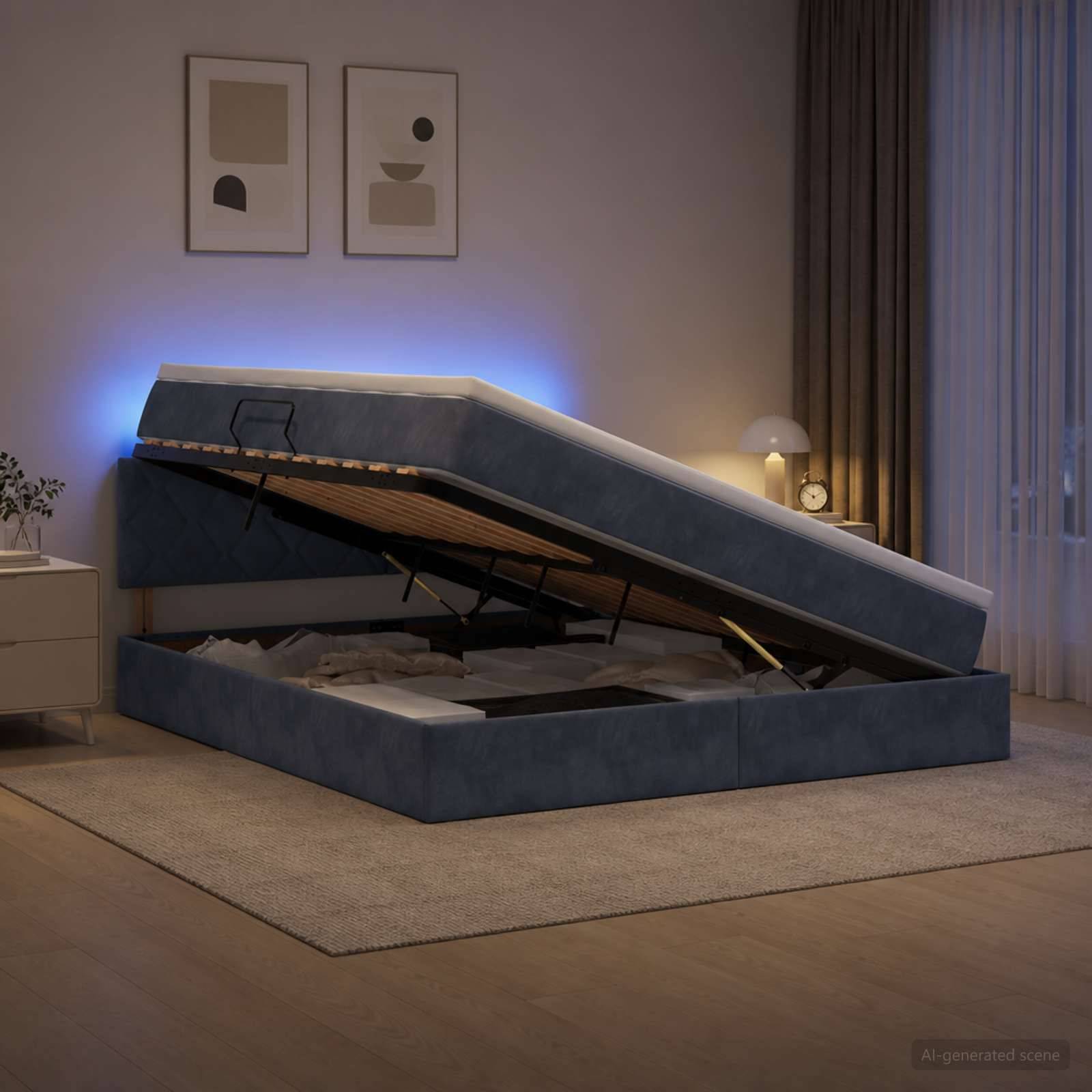 Blaues gepolstertes Speicherbett mit der durch eine Gasdruckfeder angehobenen Matratzenplattform, die Lagerfläche in einem sanft beleuchteten Schlafzimmer offenbart.