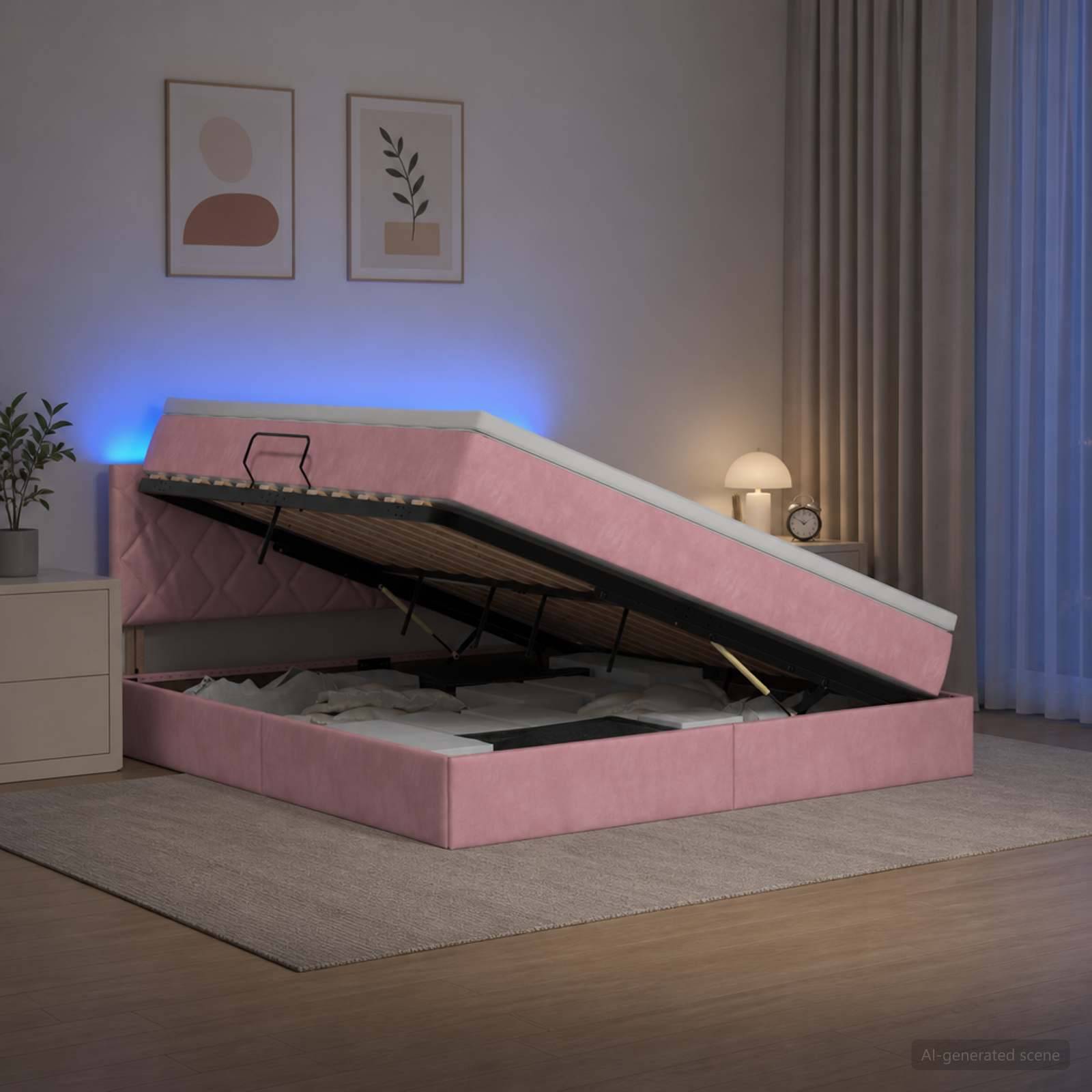 Rosa gepolstertes Bett mit Hubfunktion und Stauraum, das geöffnet ist und den Stauraum unter dem Bett in einem modernen Schlafzimmer mit Lampe, Pflanze und Wandkunst zeigt.