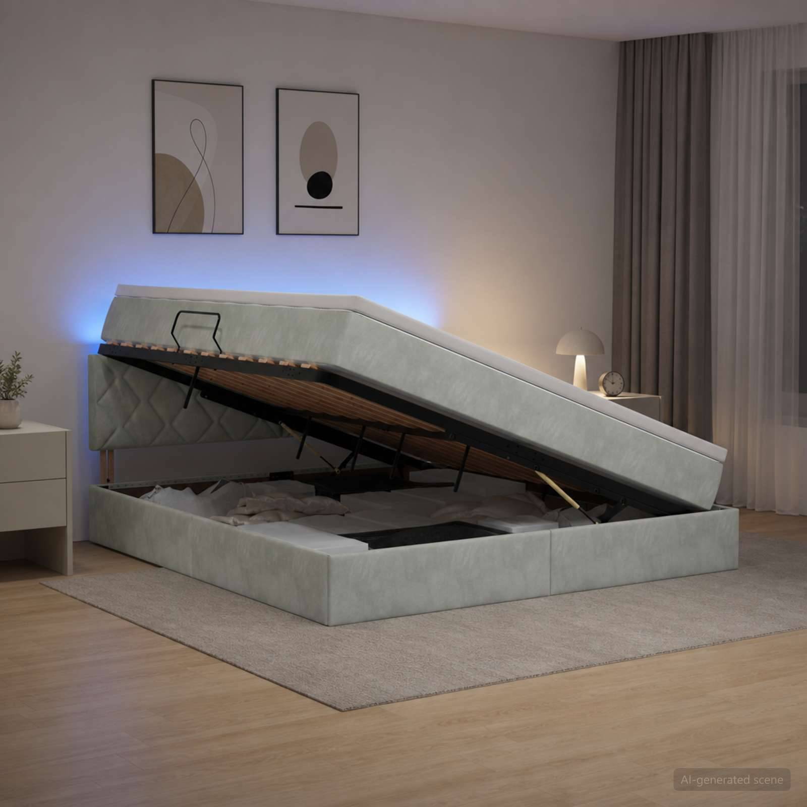 Verstellbares gepolstertes Bettgestell, nach oben geöffnet, zeigt Stauraum und Stützleisten in einem modernen Schlafzimmer.