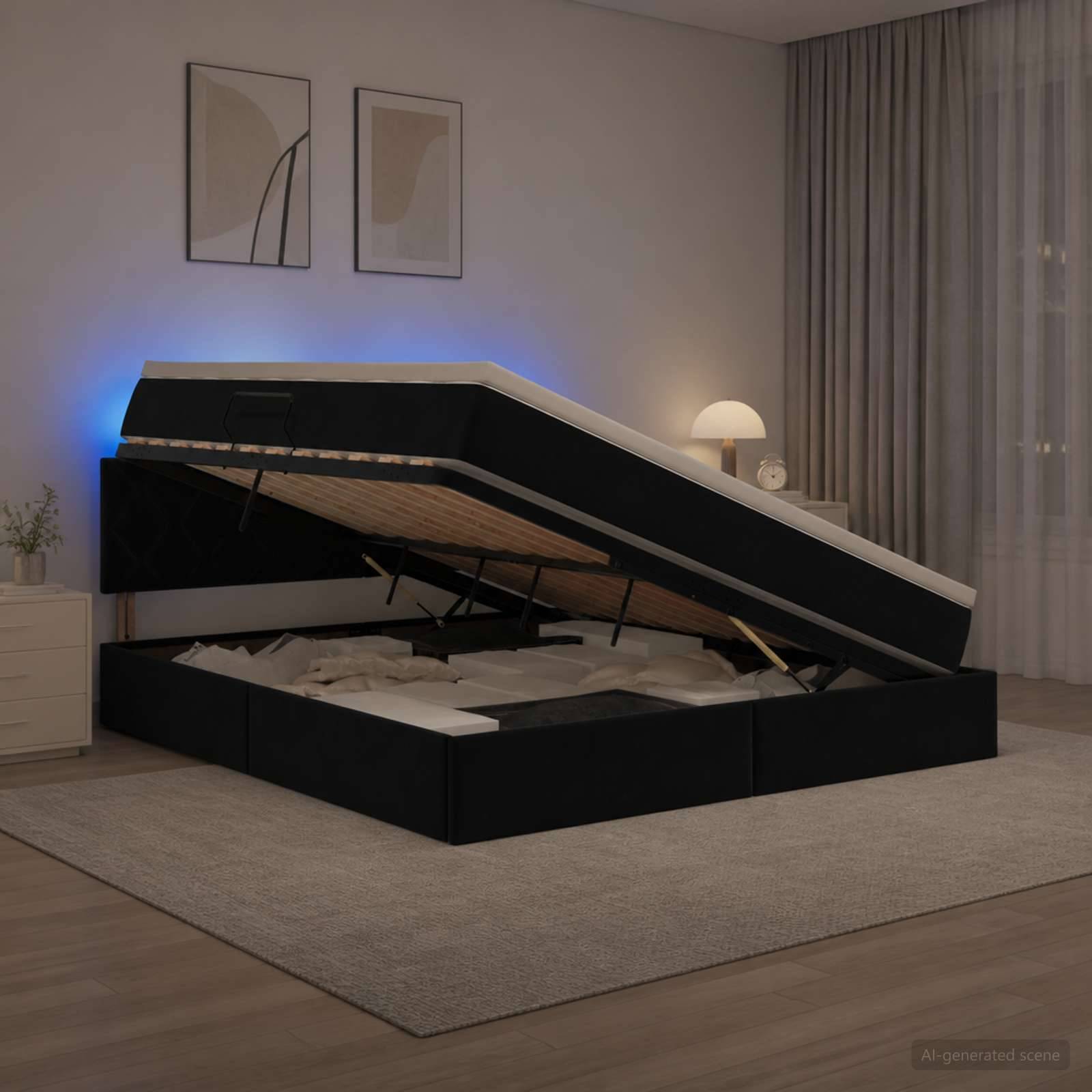 Modernes schwarzes Hochklapp-Speicherbett mit angehobenem Bett in einem minimalistischen Schlafzimmer, das den Stauraum unter dem Bett offenbart.