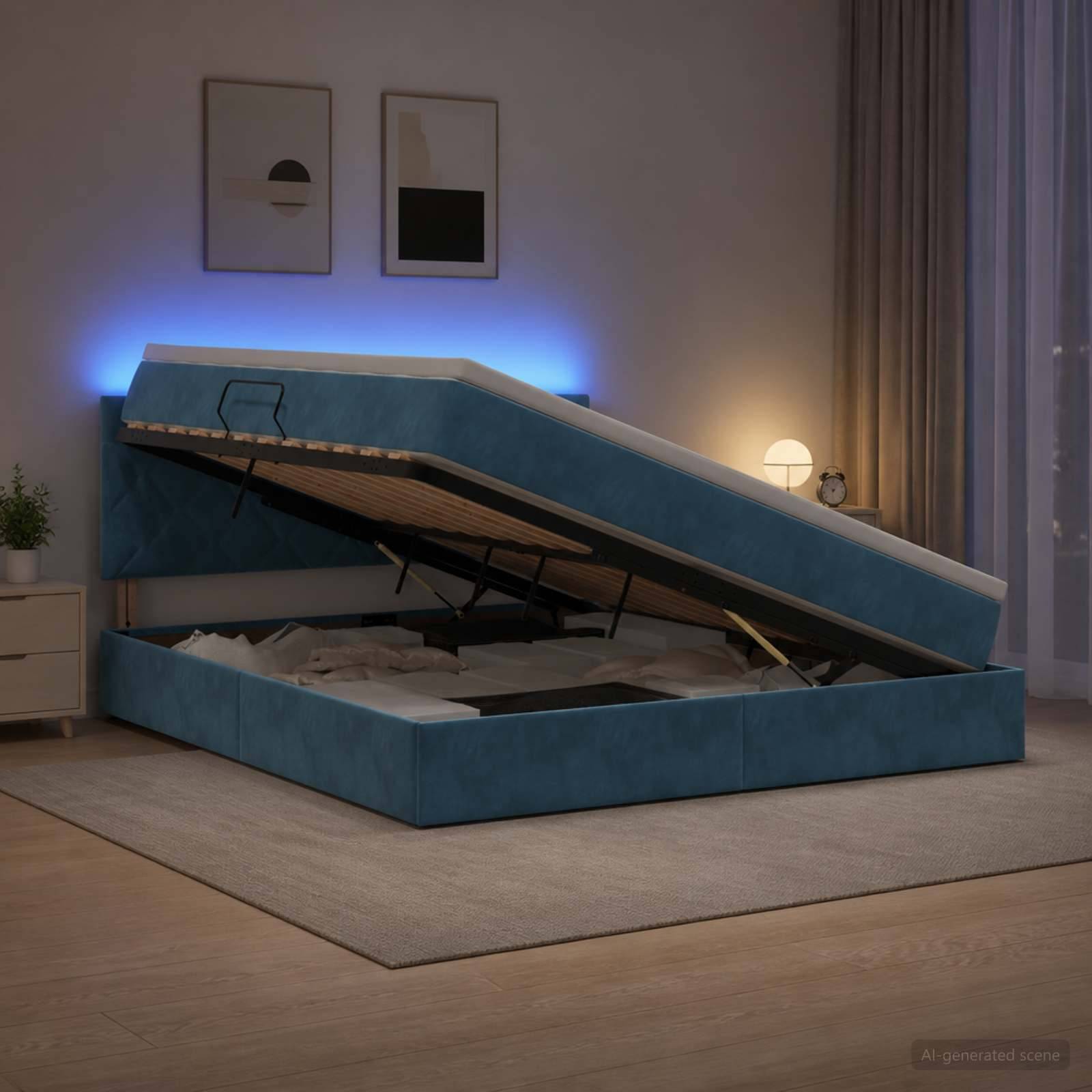Blaupolstertes Hochklapp-Speicherbett mit angehobener Matratze in einem modernen Schlafzimmer, das den Stauraum unter dem Bett offenbart.