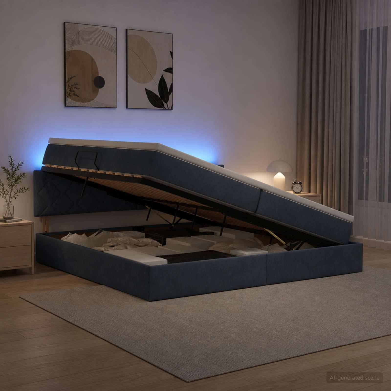 Modernes Bettgestell mit Speicher, das mit Gasfedern aufgeklappt ist, in einem sanft beleuchteten Schlafzimmer, das die Matratzenunterlage und das Unter-Bett-Fach zeigt.