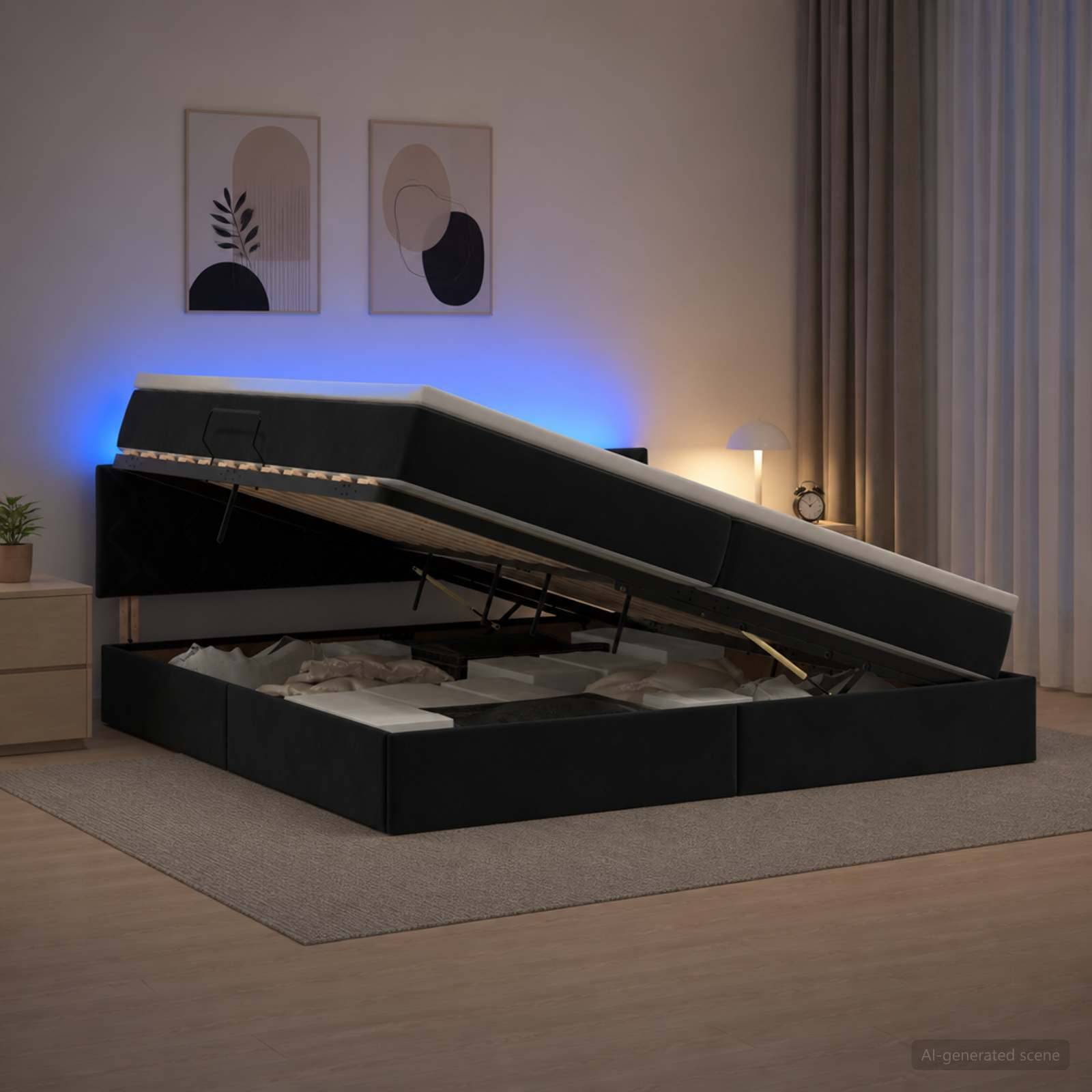 Modernes gepolstertes Speicherbett mit angehobener Matratzenunterlage, das unter dem Bett liegende Stauraum in einem sanft beleuchteten Schlafzimmer offenbart.