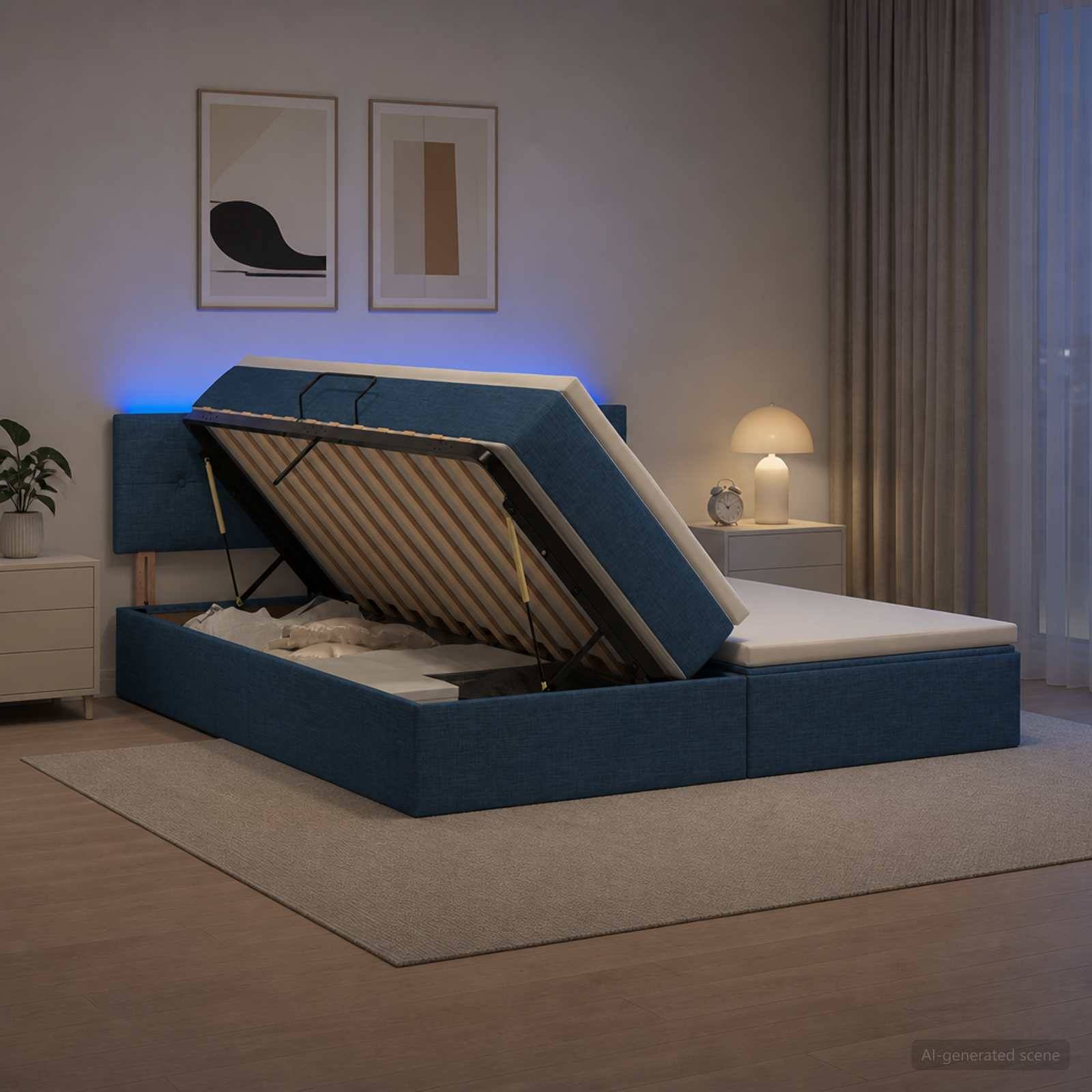 Blau gepolstertes Speicherbett mit der hochgeklappten Matratzenunterlage, die das Staufach in einem modernen Schlafzimmer zeigt.