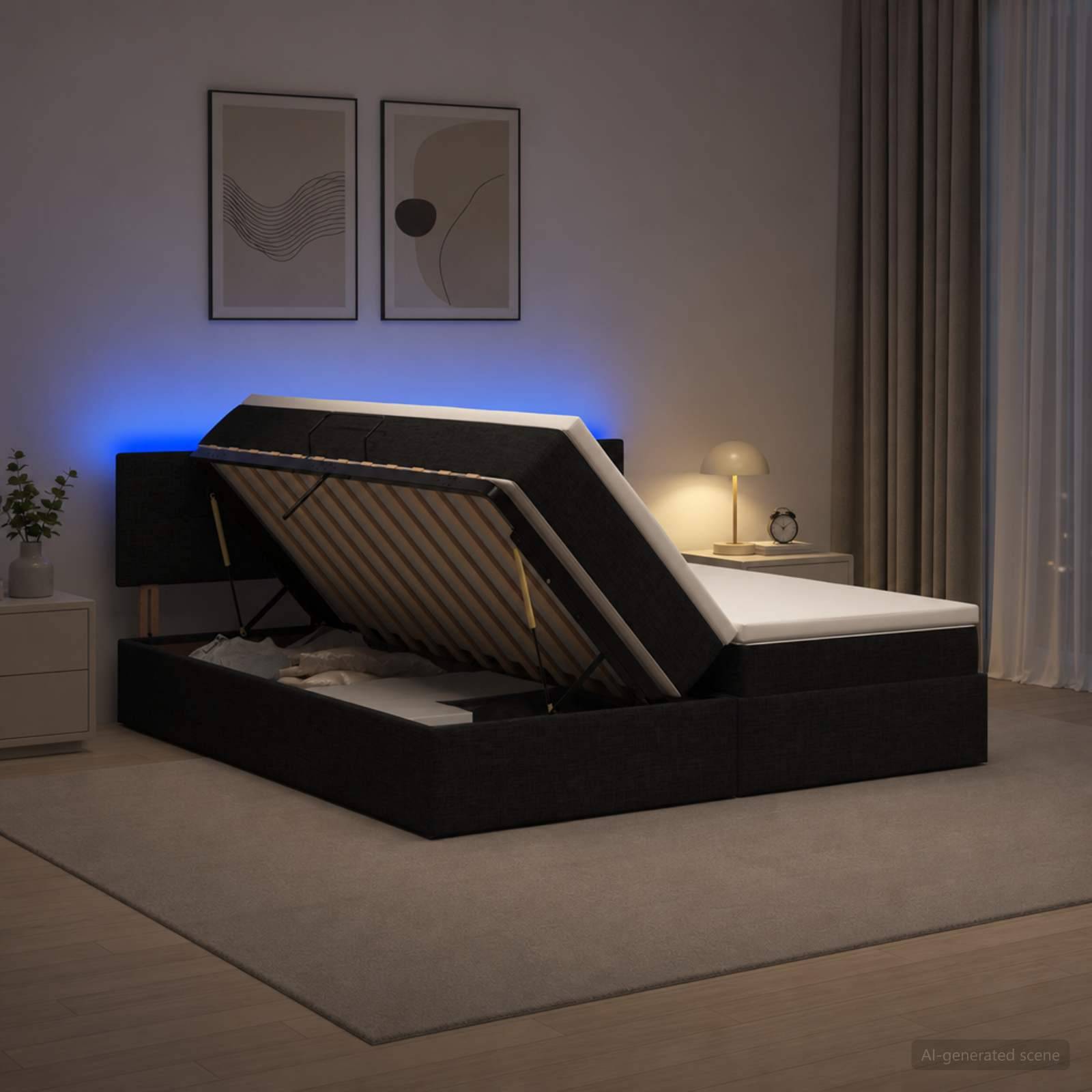 Modernes Schlafzimmer mit einem verstellbaren Bett auf Plattform, das angehoben ist, um den Stauraum unter dem Bett freizulegen, blauer Hintergrundbeleuchtung und einer Nachttischlampe auf einem Nachttisch.
