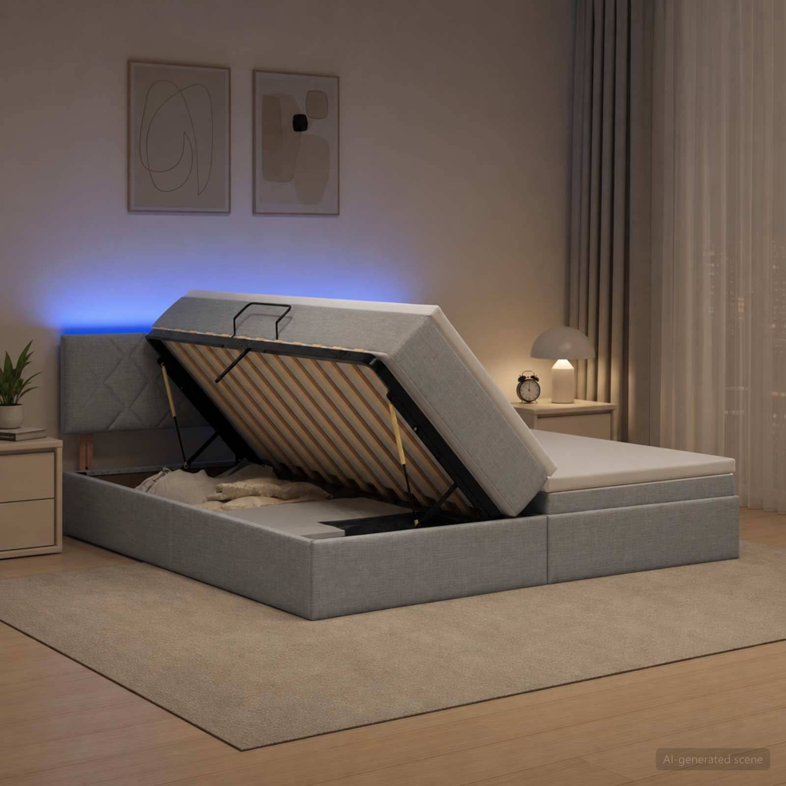 Modernes grau gepolstertes Speicherbett mit angehobenem Matratzen, das den Stauraum unter dem Bett in einem minimalistischen Schlafzimmer zeigt.