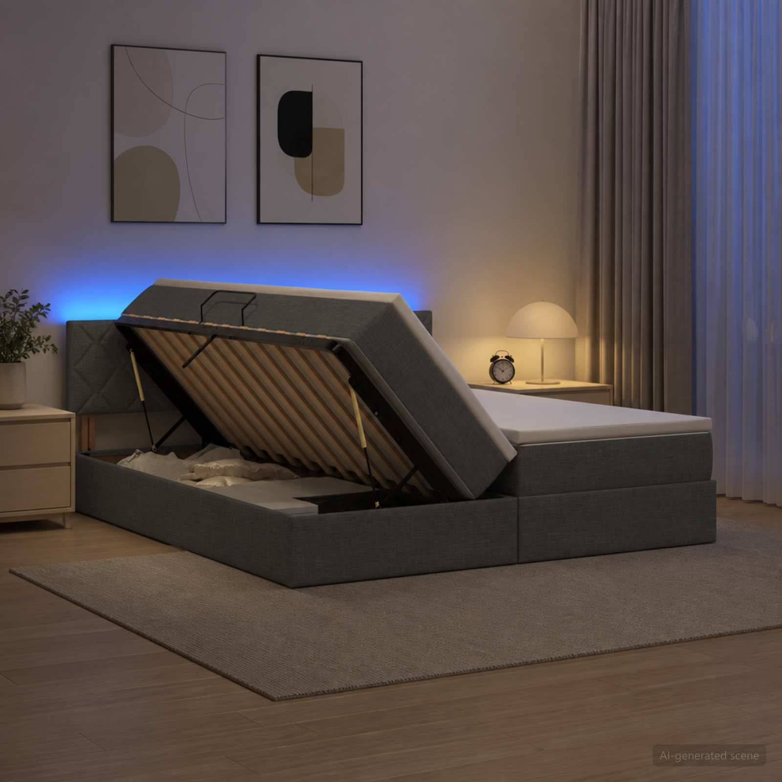 Modernes Schlafzimmer mit einem grauen Hydraulik-Stauraumbett, das offensteht und den Stauraum unter dem Bett zeigt, beleuchtet durch blaue Akzentbeleuchtung neben einem Nachttisch und einer Lampe.