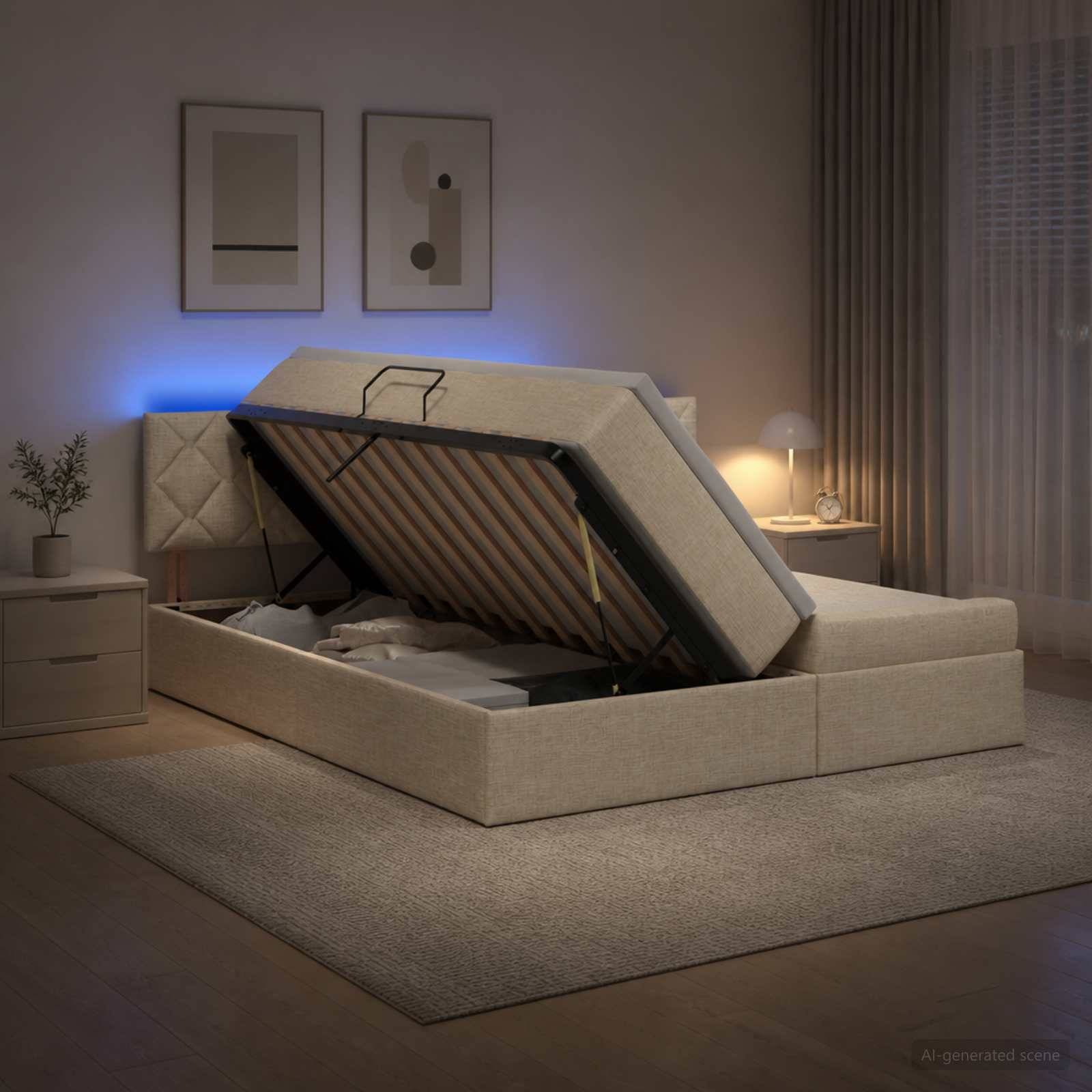 Ein beiges gepolstertes Speicherbett in einem modernen Schlafzimmer ist hochgeklappt und zeigt die Matratzenunterlage und den Stauraum unter dem Bett.