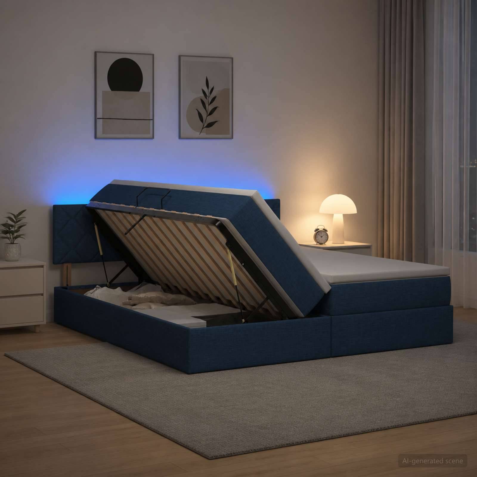 Blaugepolstertes Bett mit Speicherbasis und angehobener Matratze, zeigt ein modernes Schlafzimmer bei Nacht mit Nachttischlampe und Wandkunst.