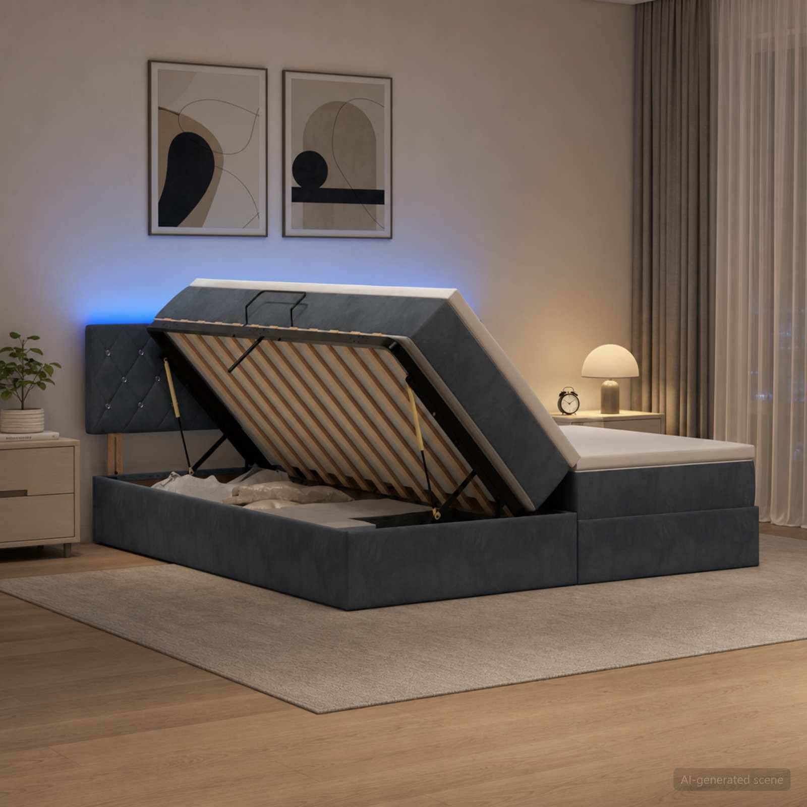 Modernes gepolstertes Speicherbett mit hochgeklappter Matratze, die die Lamellenbasis und das Stauraum-Fach in einem minimalistischen Schlafzimmer zeigt.
