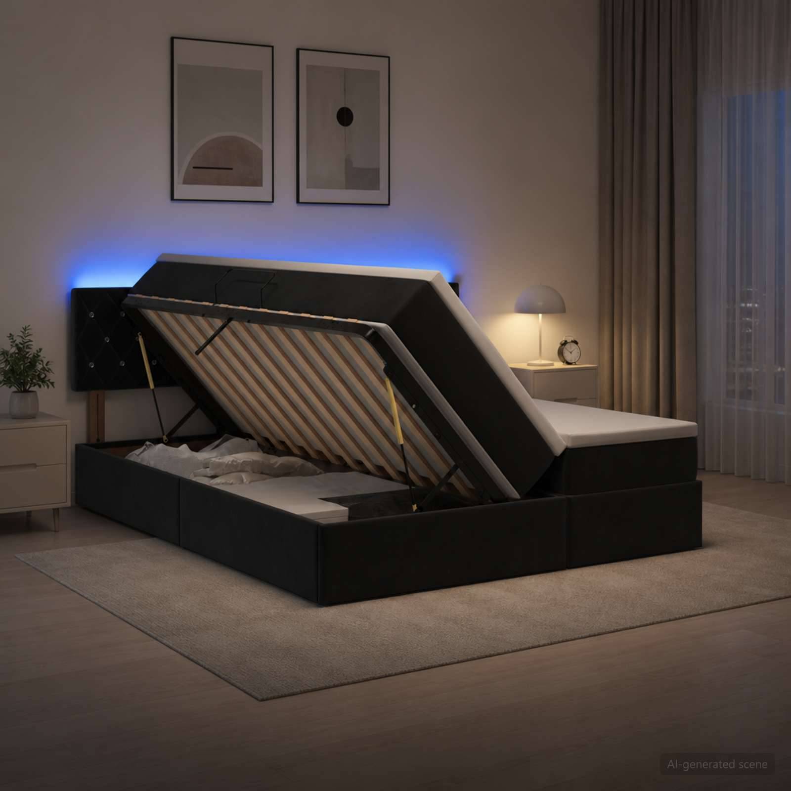 Modernes Schlafzimmer mit einem gepolsterten Speicherbett, das auf einem hydraulischen Rahmen hochgeklappt ist und den Stauraum unter dem Bett sowie eine blaue Akzentbeleuchtung am Kopfende zeigt.
