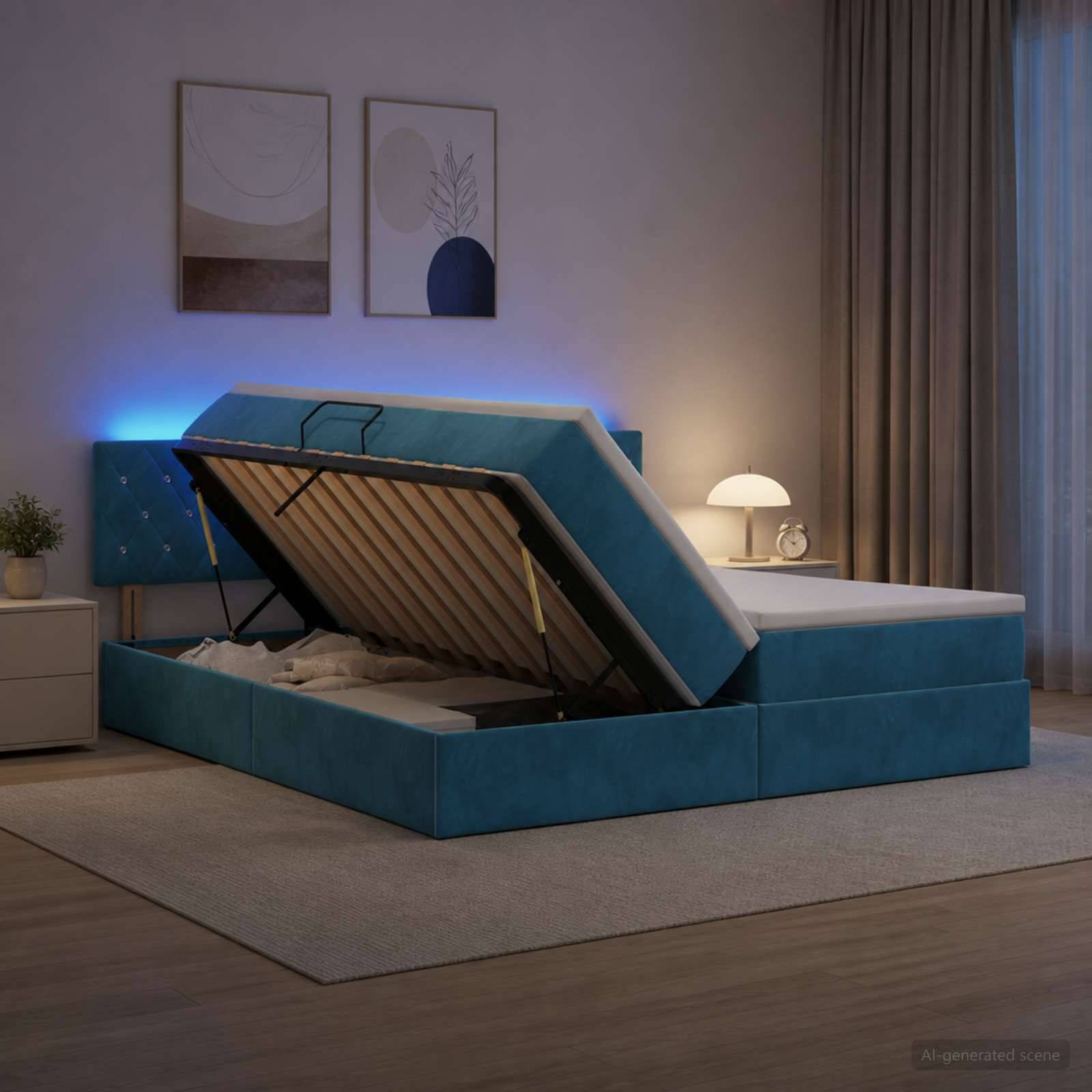 Blau gepolstertes Bett mit Hydraulik-Hebebettmechanismus in einem modernen Schlafzimmer oben geöffnet, zeigt den Stauraum unter der Matratze mit Nachttischlampe und Wandkunst.