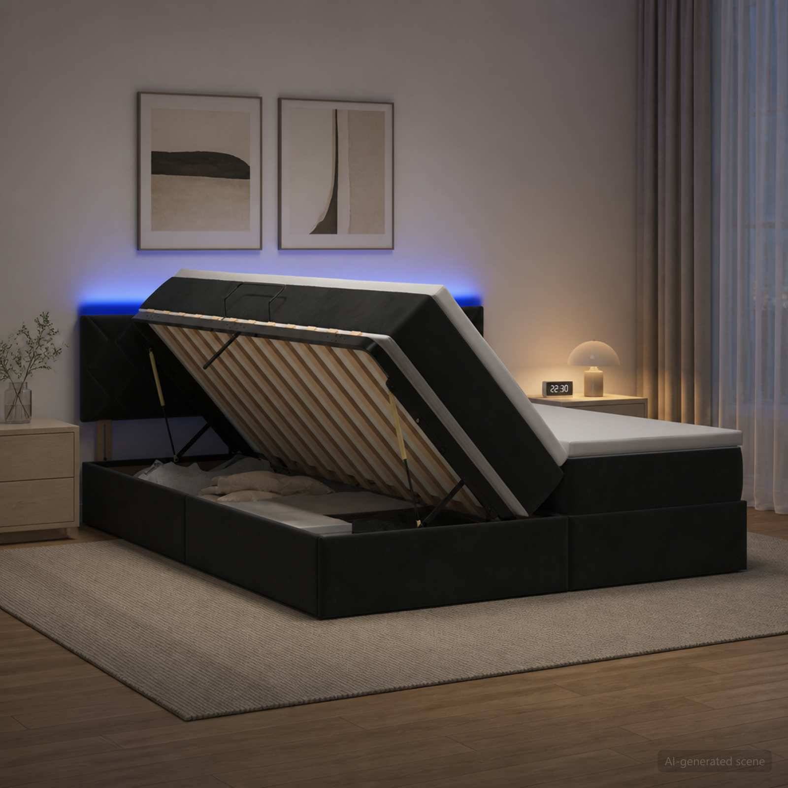 Modernes Schlafzimmer mit einem Plattformbett, das zum Zeigen des Stauraums unter dem Bett und der Matratzenunterstützung hochgeklappt ist, mit blauer Hintergrundbeleuchtung und einer Nachttisch-Uhr.