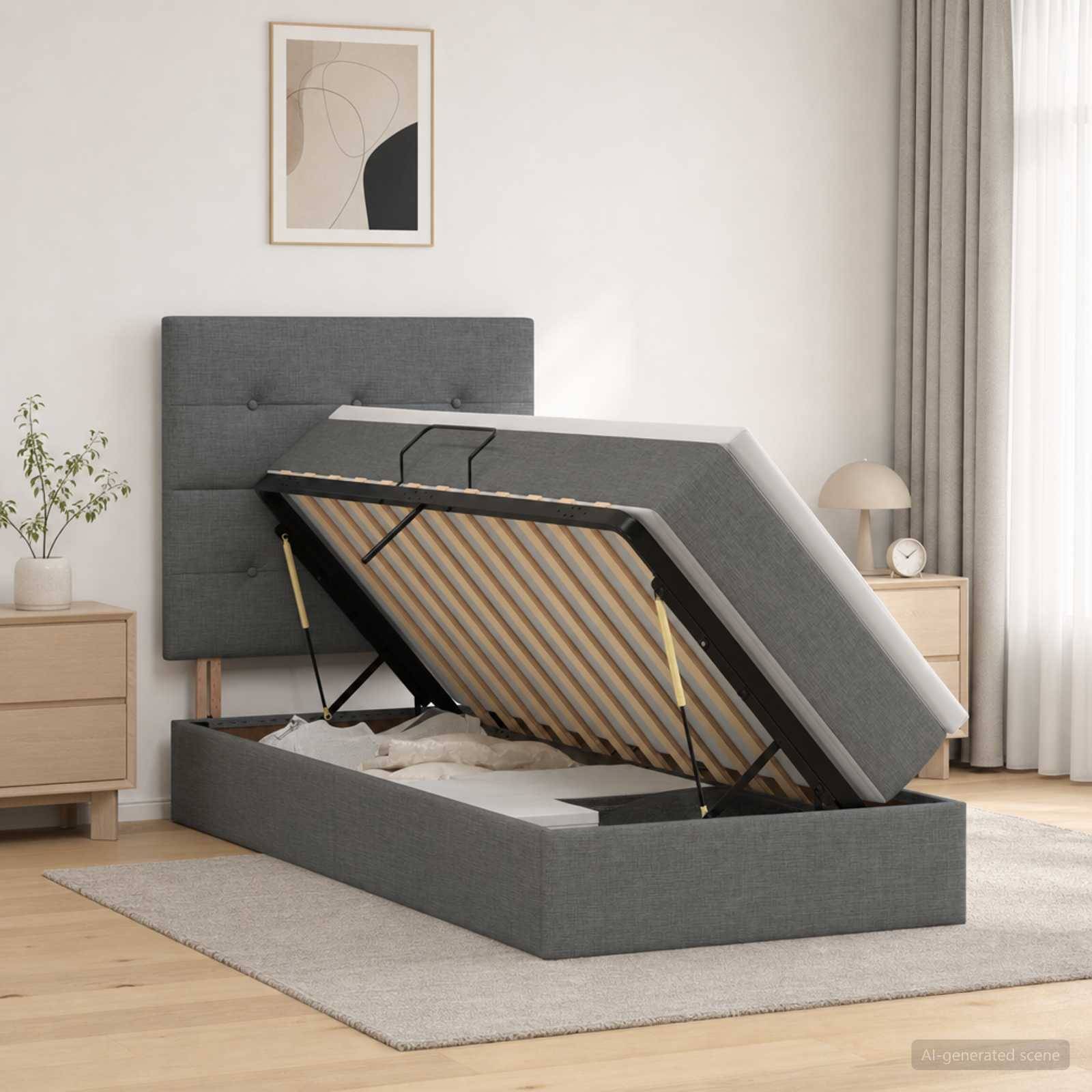 Grau gepolstertes Bettgestell mit angehobener Matratze auf einer Speicherbasis, das die lamellierte Unterstützung und das Unter-Bett-Fach in einem minimalistischen Schlafzimmer zeigt.