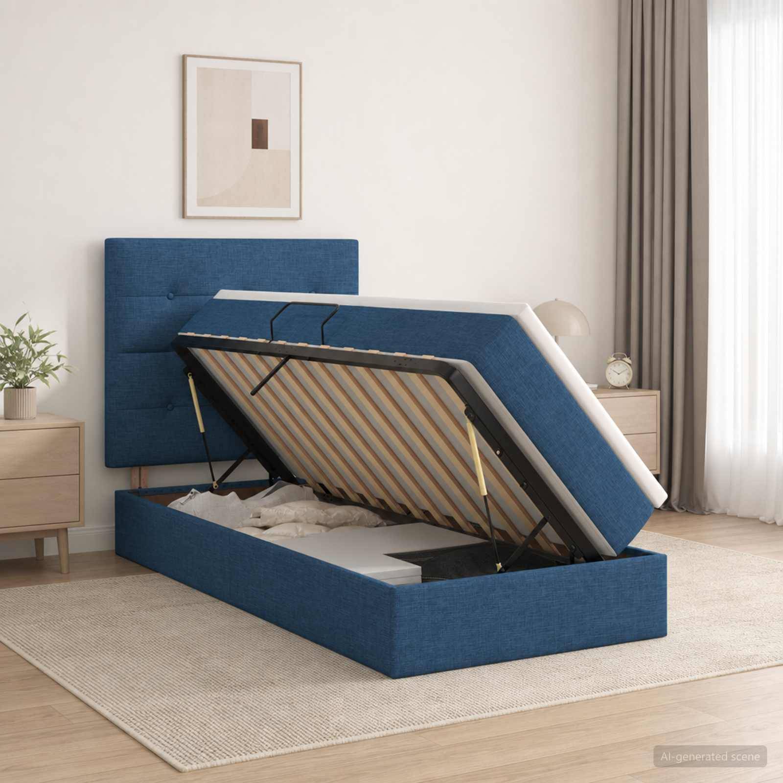 Blau gepolstertes Ottomane-Bettgestell mit geöffnetem Deckel, das das Stauerfach und die Latten-Basis in einem minimalistischen Schlafzimmer zeigt.