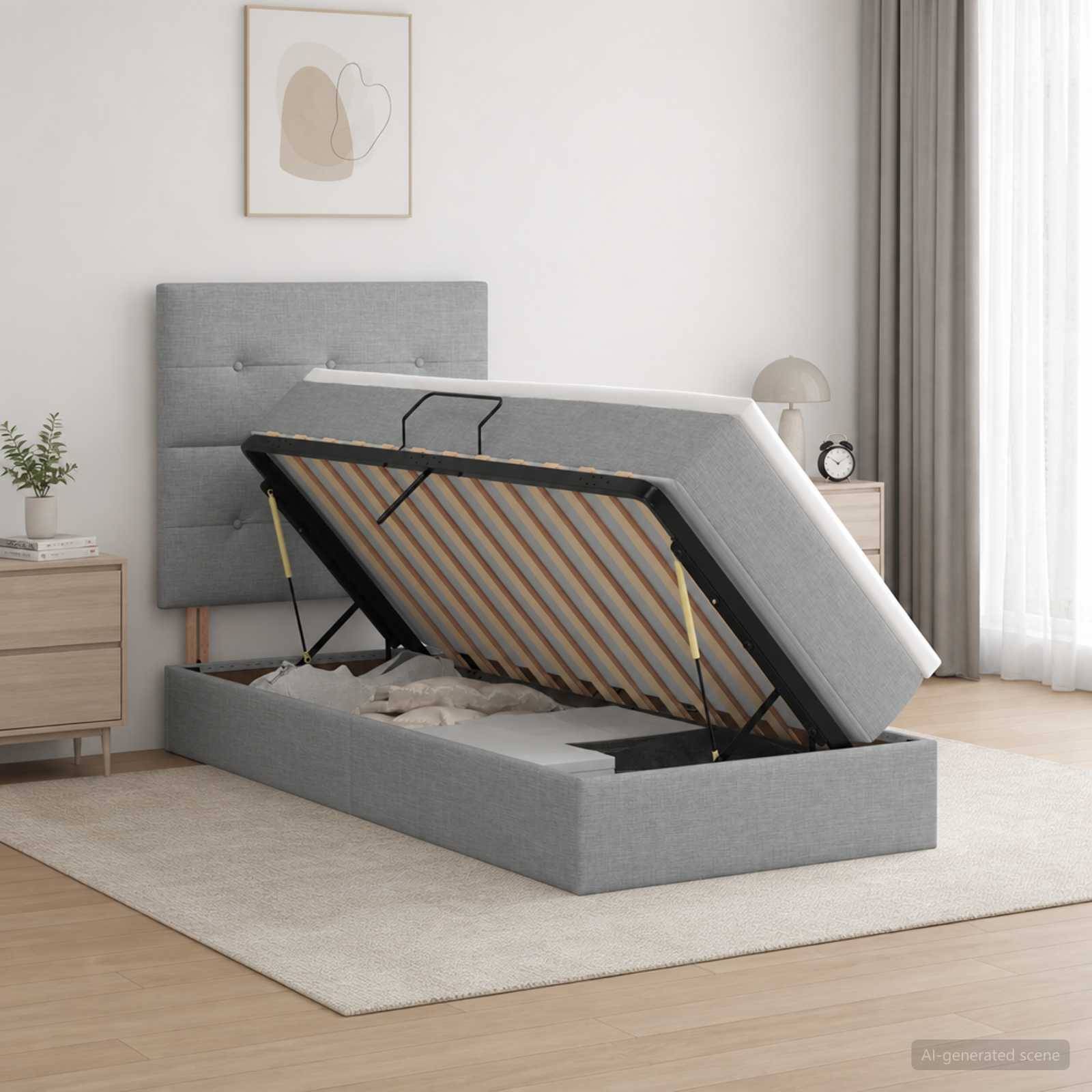 Graugepolstertes Hydraulik-Bettgestell mit angehobenem Sommier, das das Unter-Bett-Lagerungsfach in einem minimalistischen Schlafzimmer offenbart.