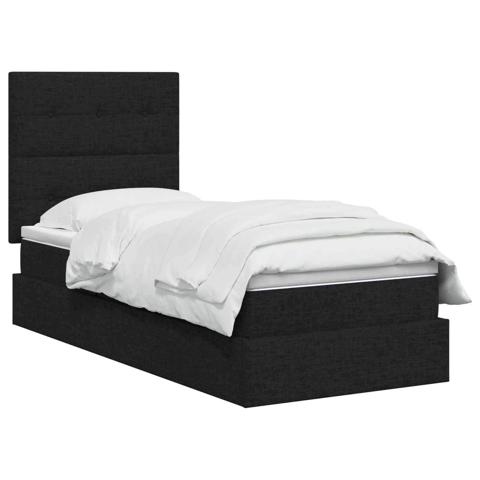 Schwarzes gepolstertes Bett mit hohem Kopfteil und weißer Bettwäsche auf einfachem Hintergrund.